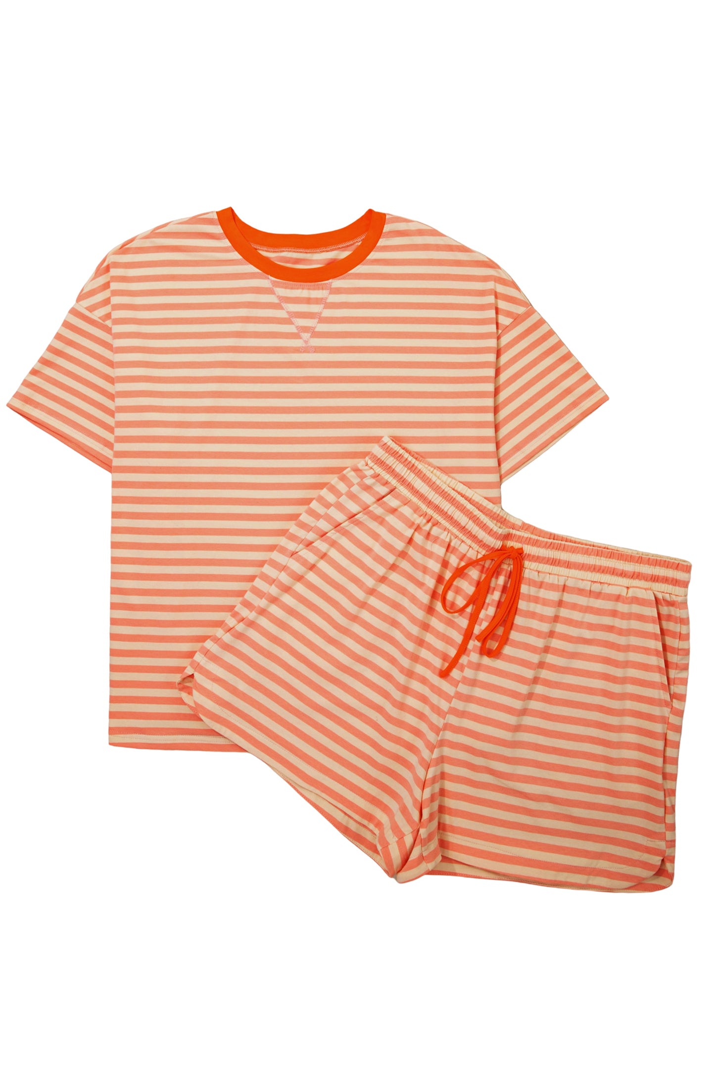 Pink Stripe Drop Shoulder T Shirt and Shorts Plus Size Summer Set