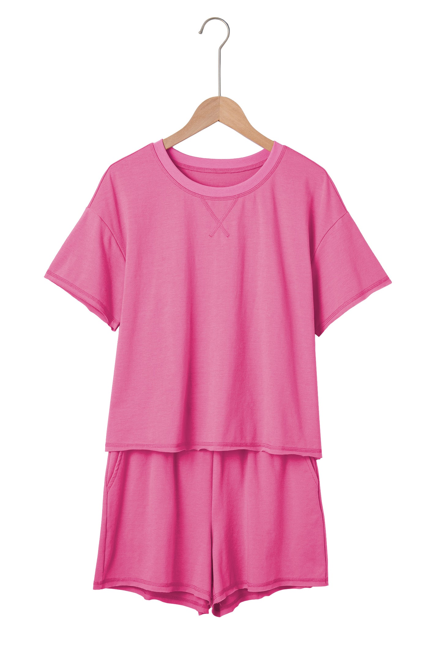 Bright Pink Seam Detail Raw Edge Tee Rainbow Waistband Casual Short Set
