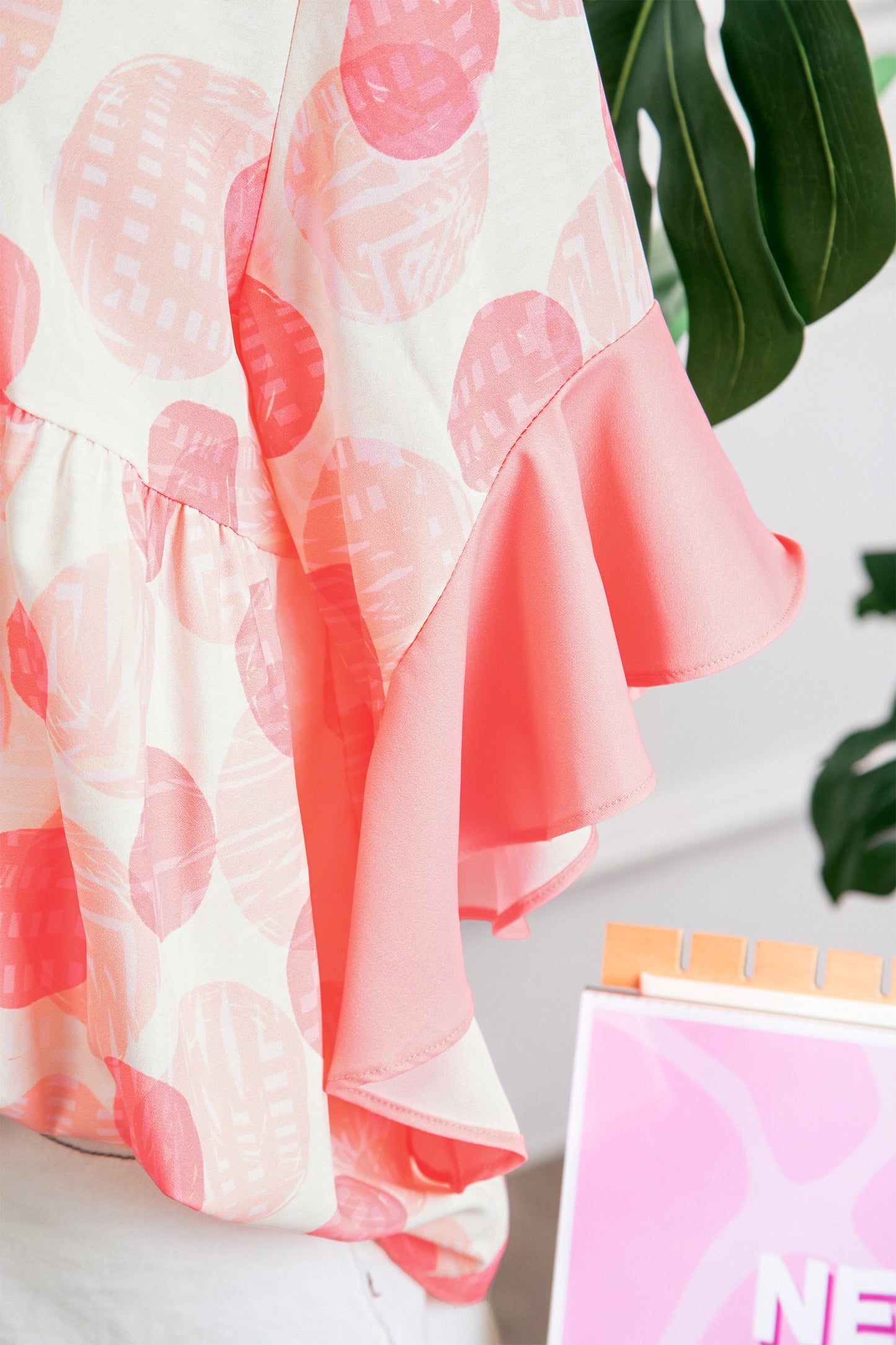 Pink Double Polka Dot Printed Ruffle Trim Short Sleeve Babydoll Shirt