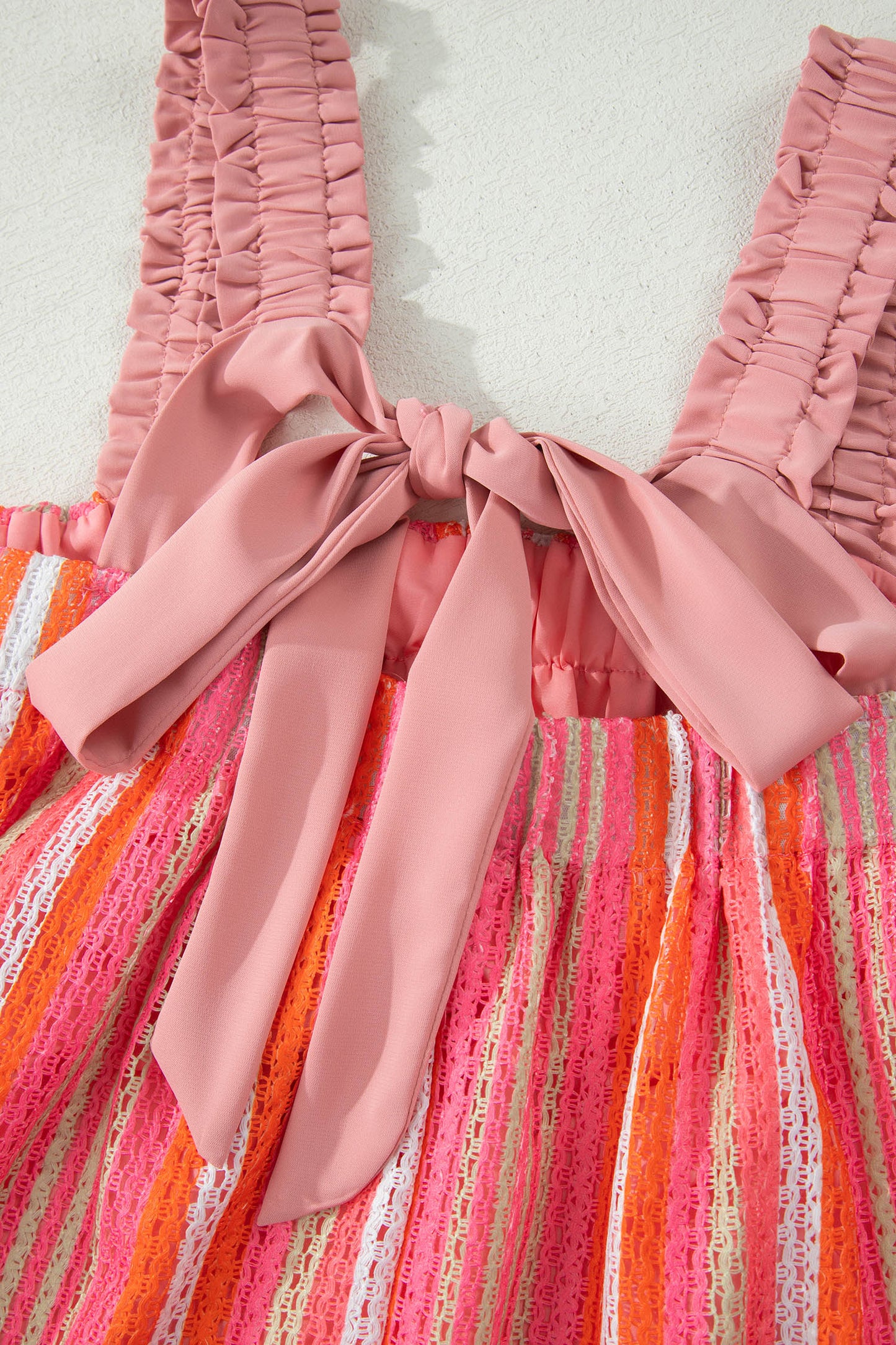 Pink Stripe Ruffled Straps Ribbon Knot Flowy Vacation Maxi Dress