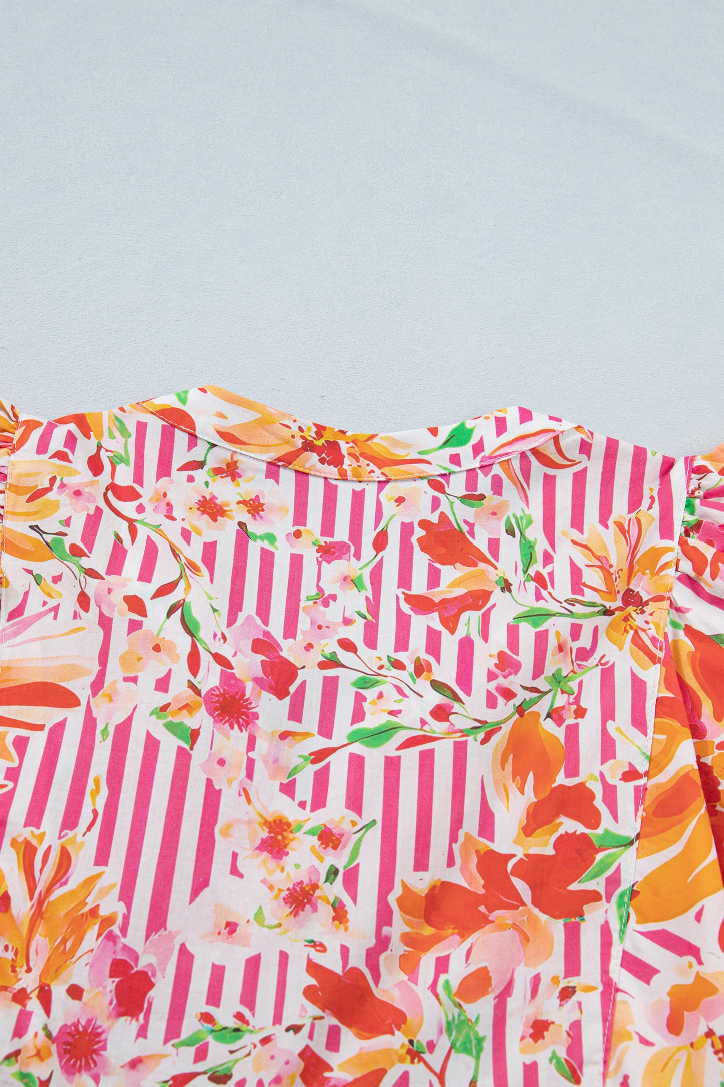 Pink Striped Floral Print Tie Neck Puff Sleeve Loose Mini Dress