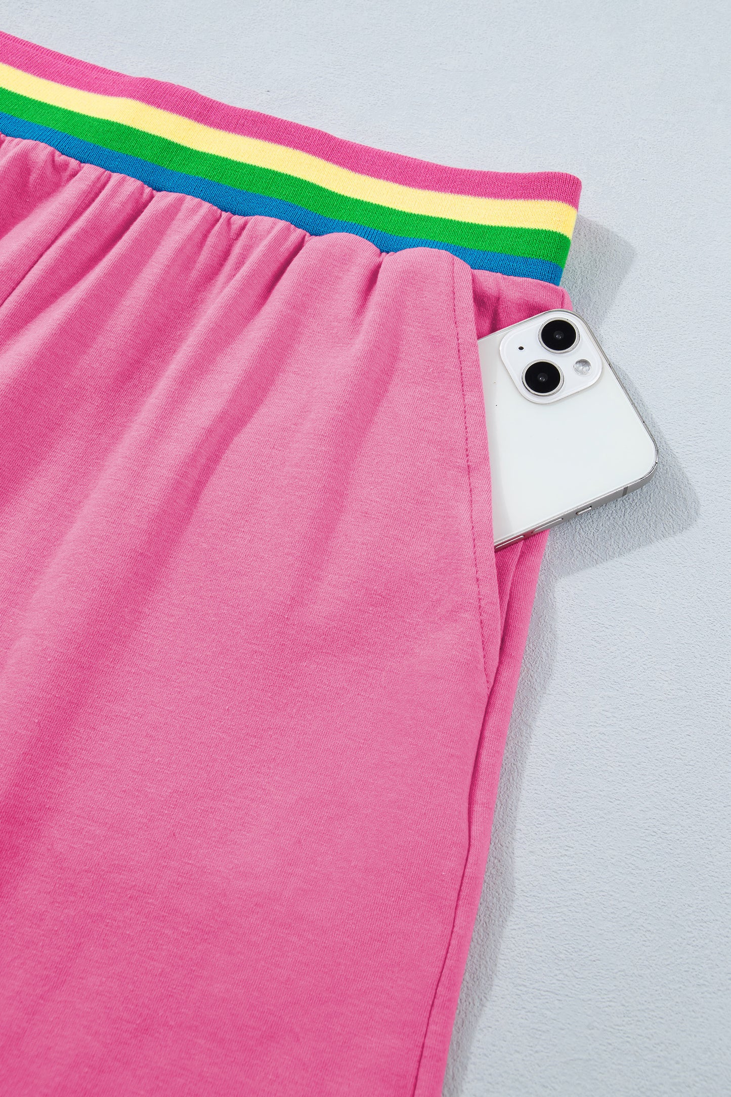 Bright Pink Seam Detail Raw Edge Tee Rainbow Waistband Casual Short Set