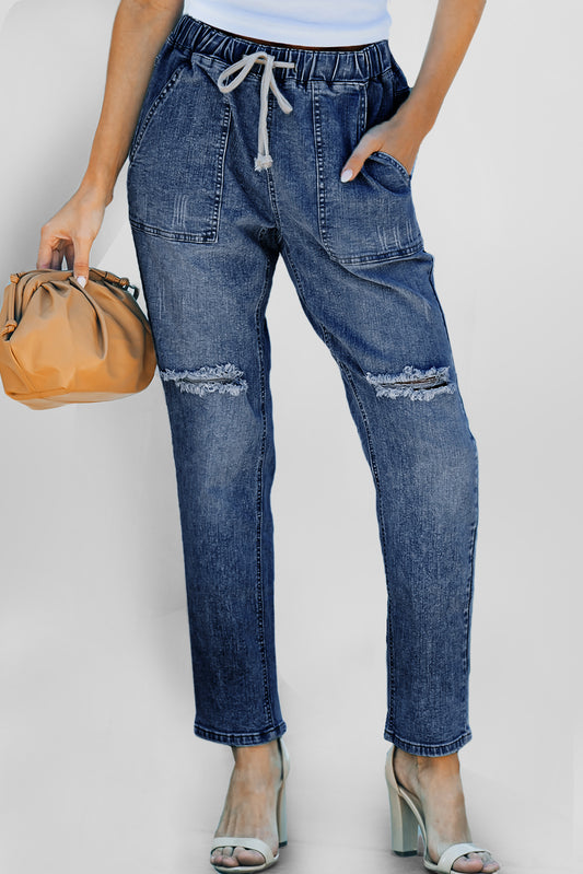 Dark Blue Gather Round Distressed Pocketed Denim Jogger