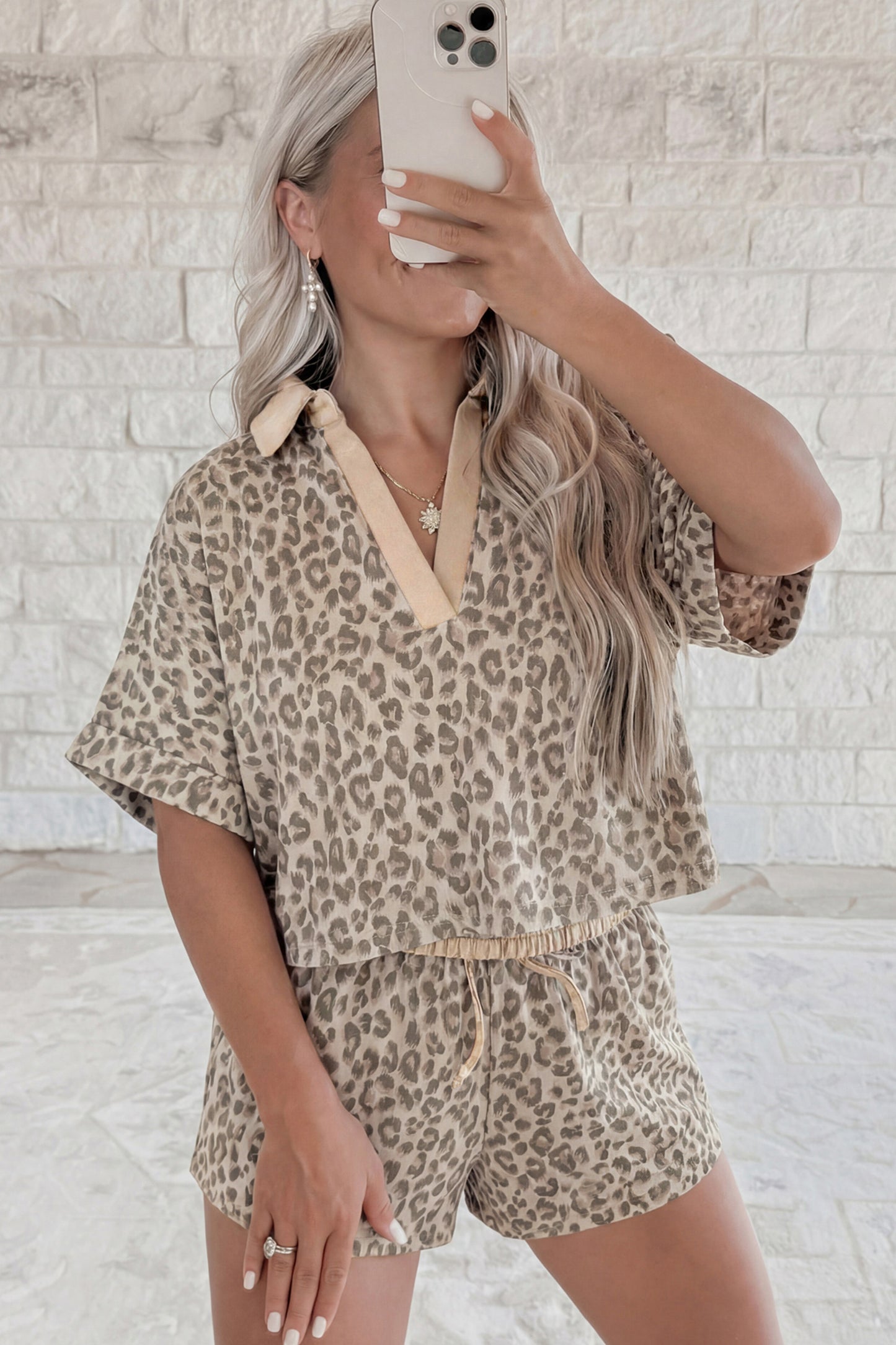 Khaki V Neck Collar Leopard Printed 2pcs Short Set