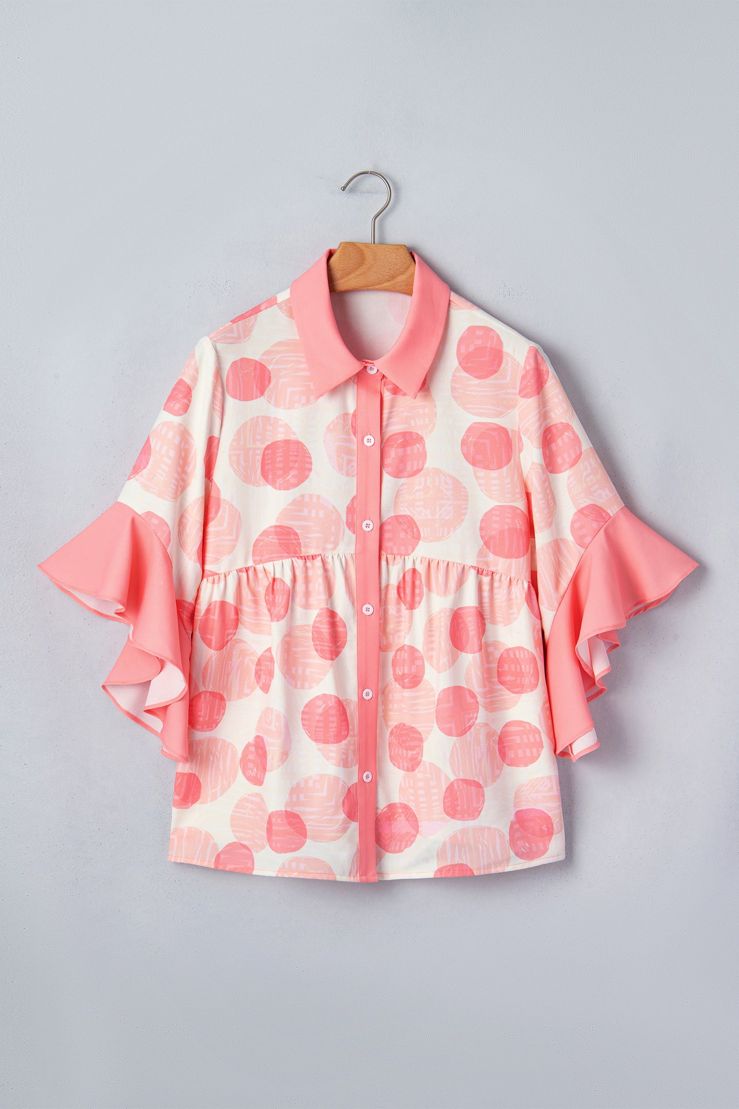 Pink Double Polka Dot Printed Ruffle Trim Short Sleeve Babydoll Shirt