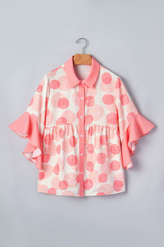 Pink Double Polka Dot Printed Ruffle Trim Short Sleeve Babydoll Shirt
