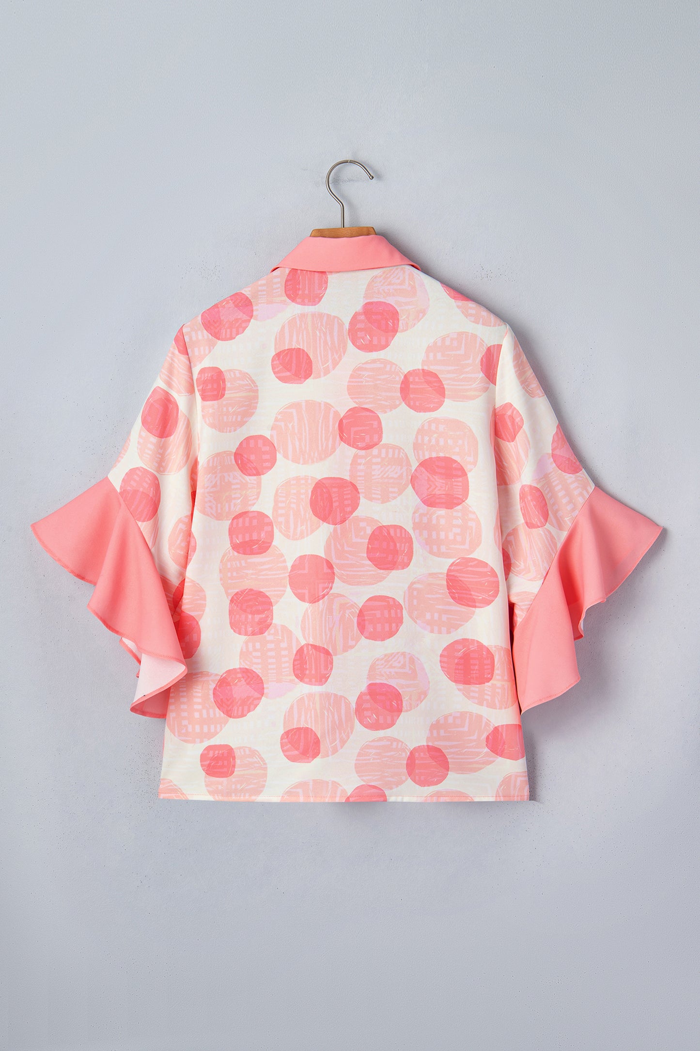 Pink Double Polka Dot Printed Ruffle Trim Short Sleeve Babydoll Shirt