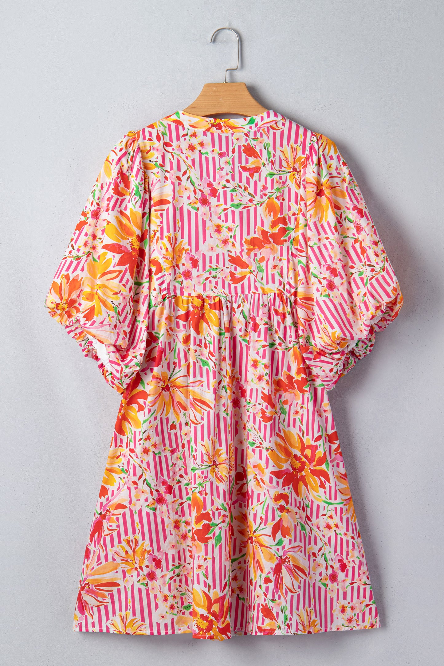 Pink Striped Floral Print Tie Neck Puff Sleeve Loose Mini Dress