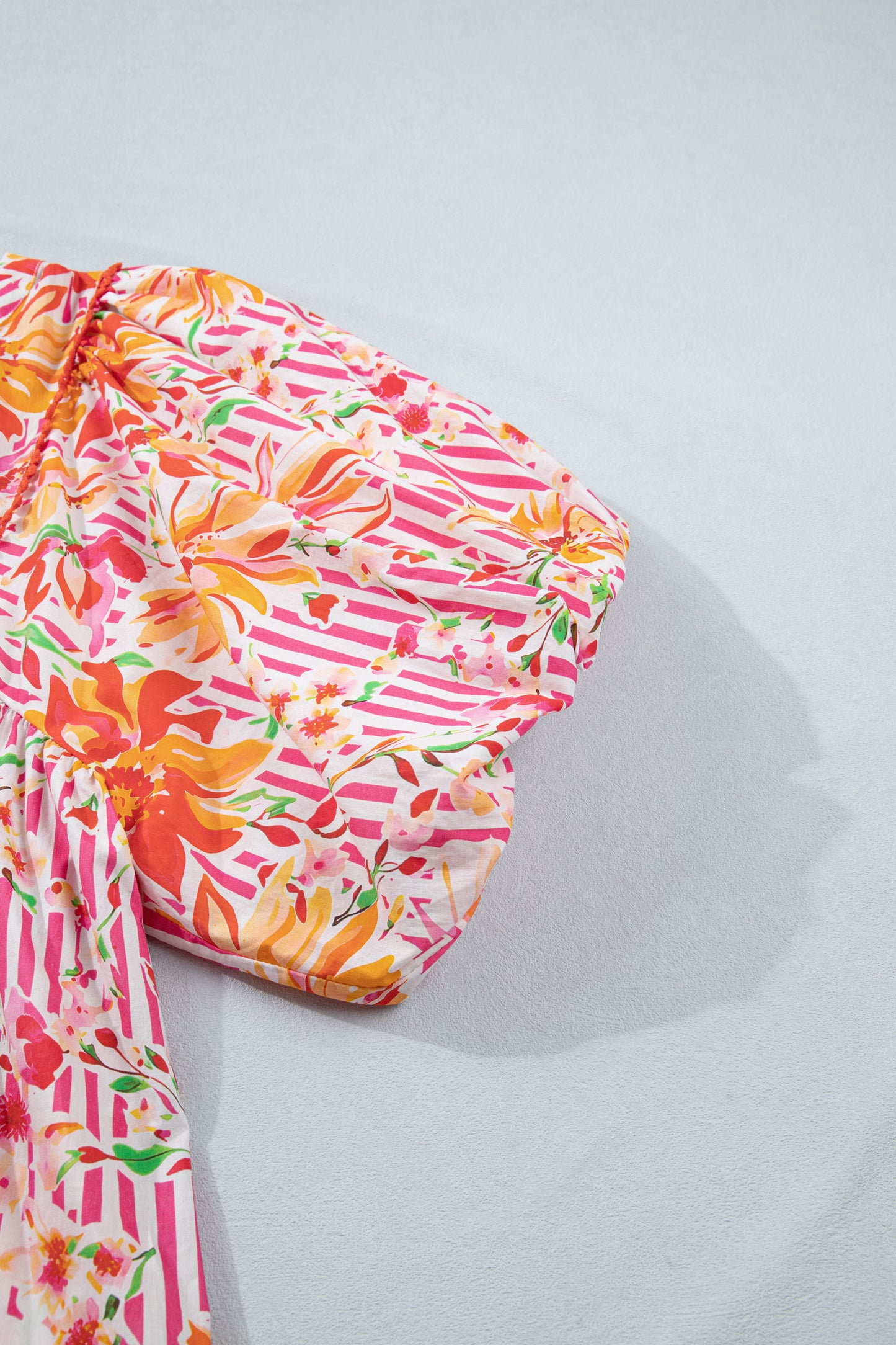Pink Striped Floral Print Tie Neck Puff Sleeve Loose Mini Dress