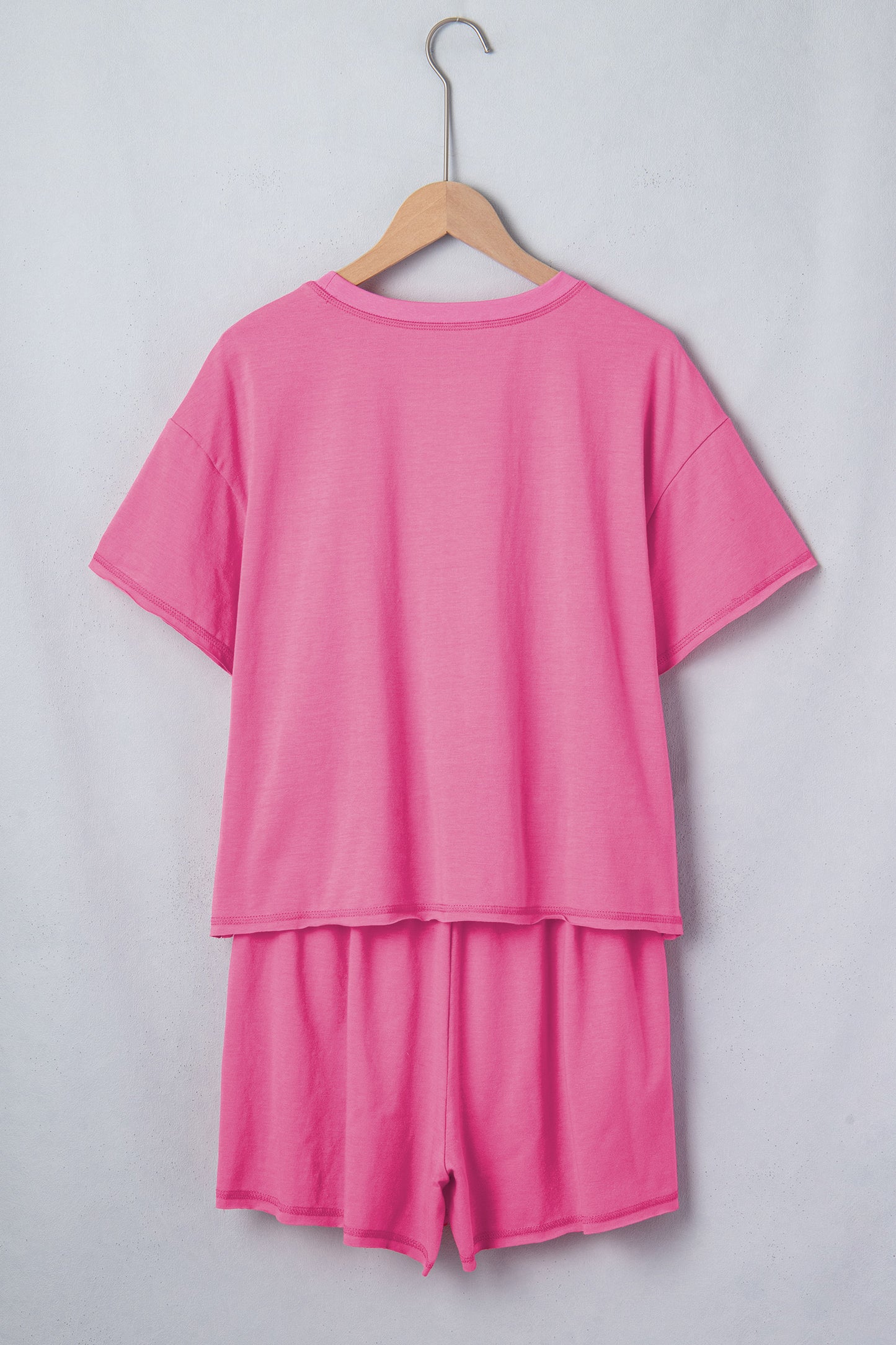 Bright Pink Seam Detail Raw Edge Tee Rainbow Waistband Casual Short Set