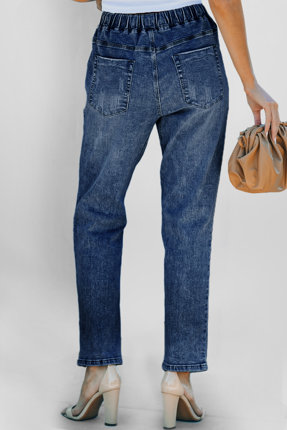 Dark Blue Gather Round Distressed Pocketed Denim Jogger
