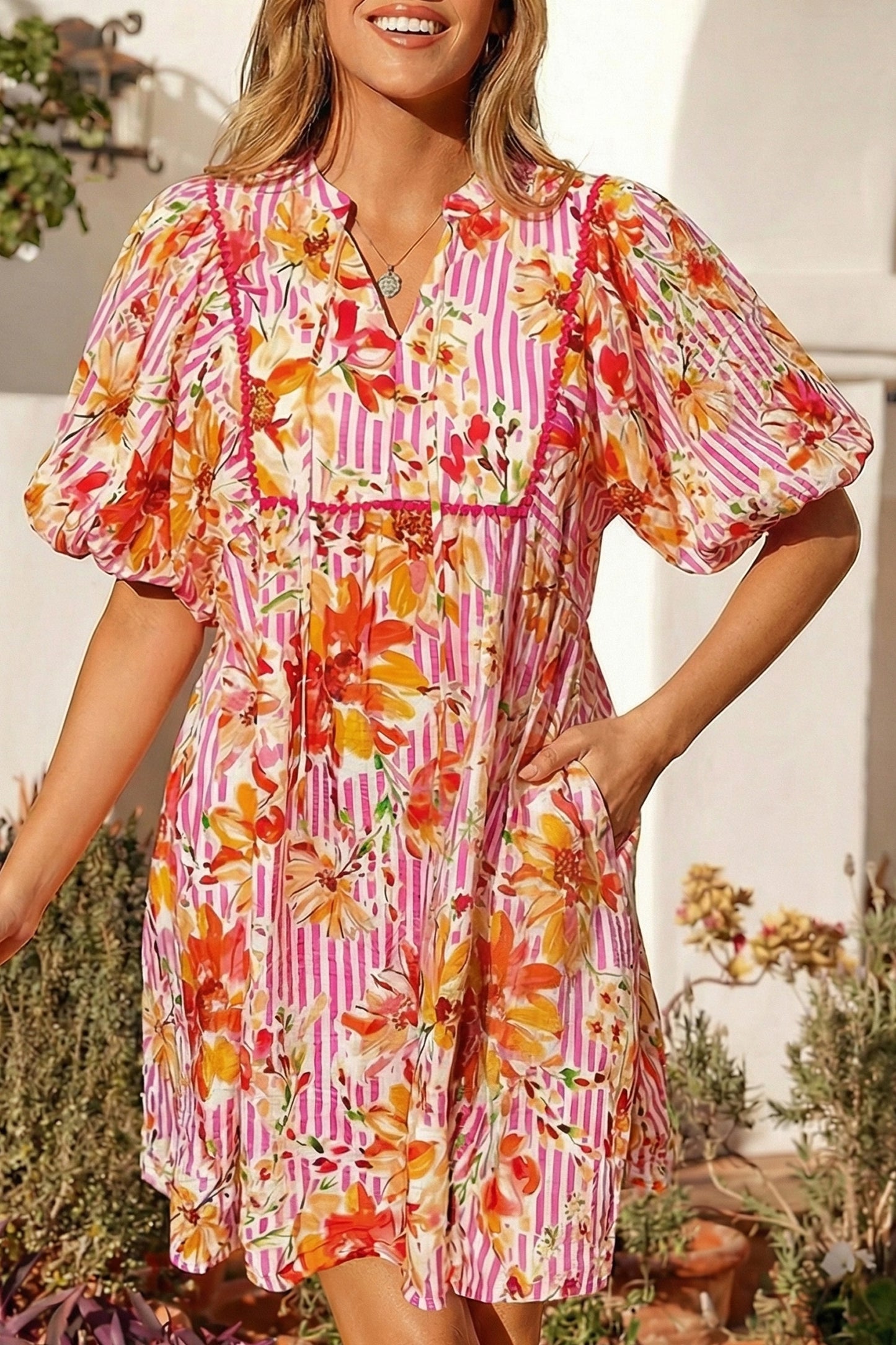 Pink Striped Floral Print Tie Neck Puff Sleeve Loose Mini Dress