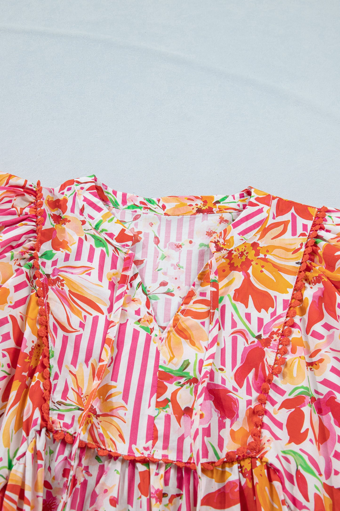 Pink Striped Floral Print Tie Neck Puff Sleeve Loose Mini Dress