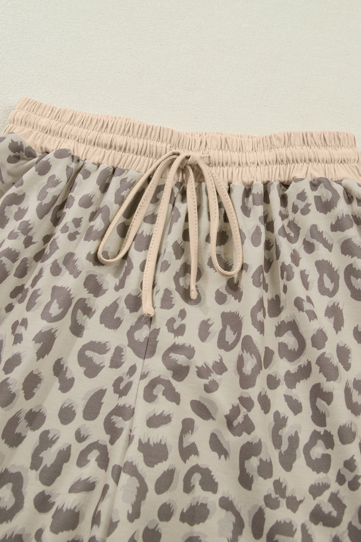 Khaki V Neck Collar Leopard Printed 2pcs Short Set