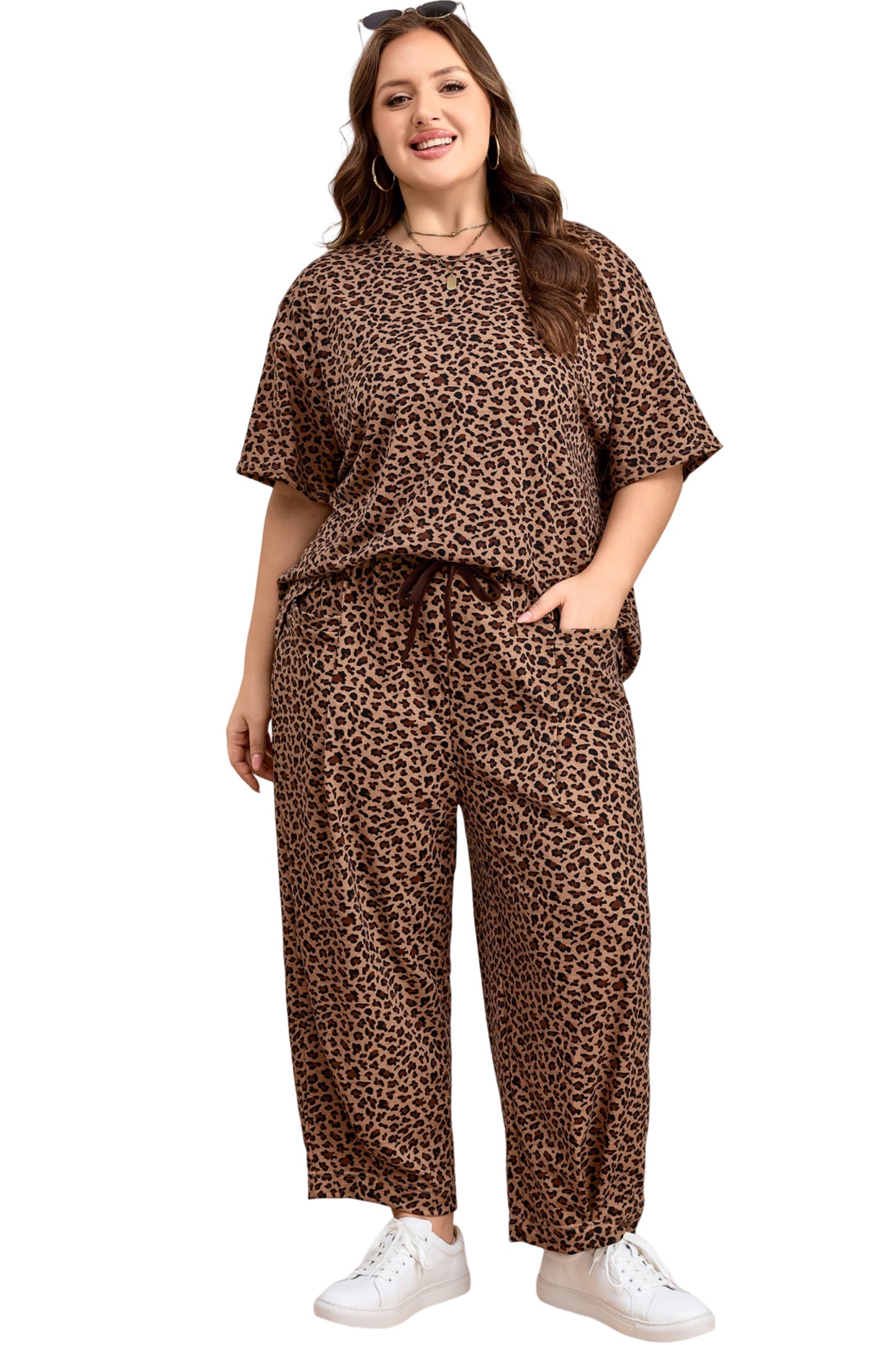 Brown Plus Size Leopard Loose Top Pleated Pants Set