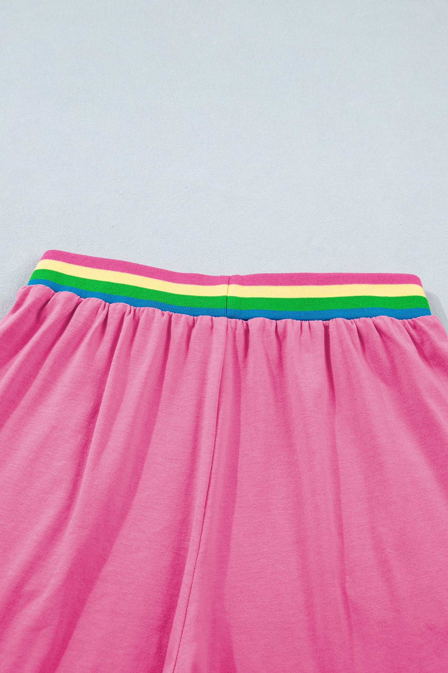 Bright Pink Seam Detail Raw Edge Tee Rainbow Waistband Casual Short Set