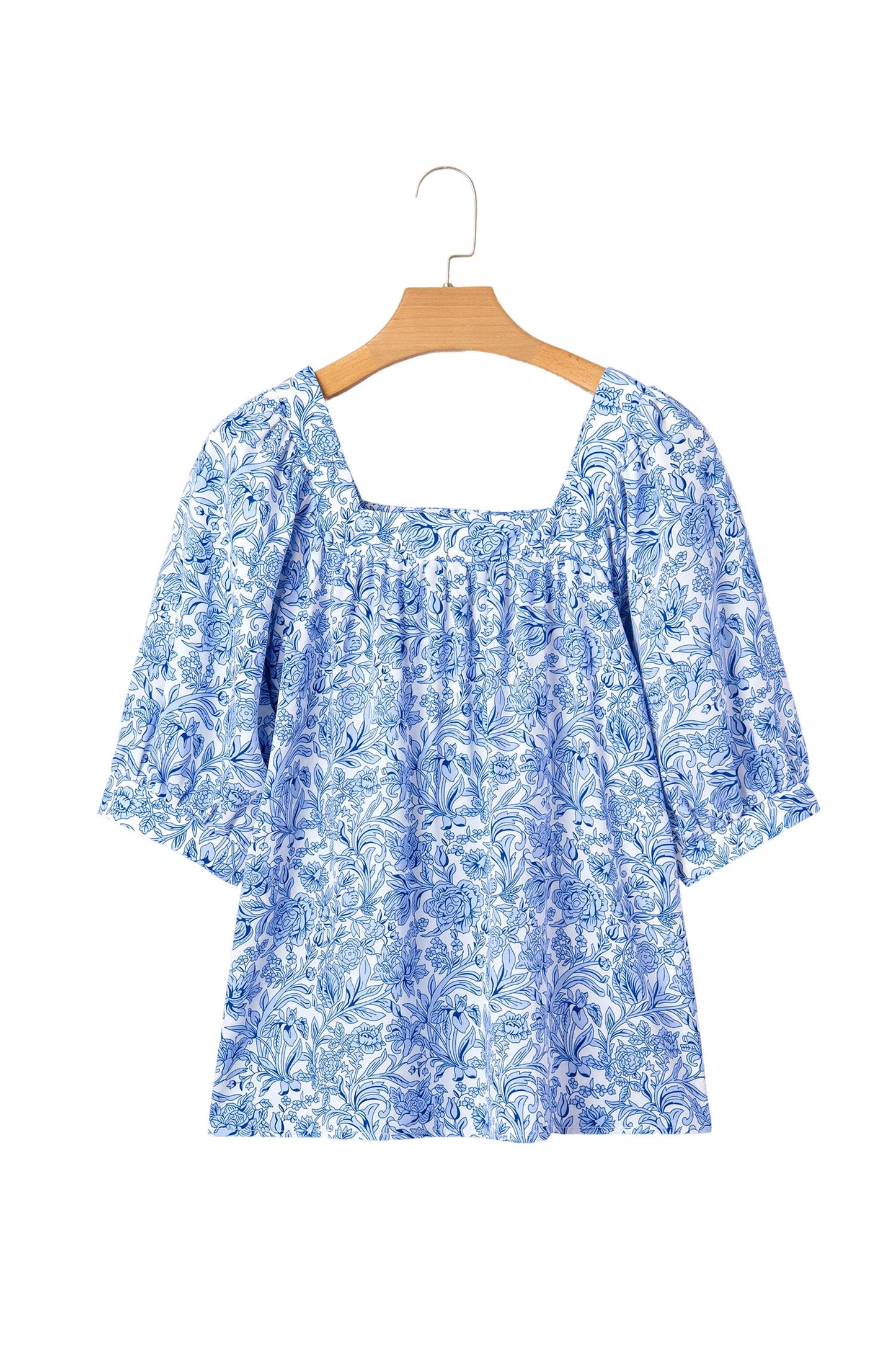 Sky Blue Square Neck Short Puff Sleeve Pleated Floral Blouse