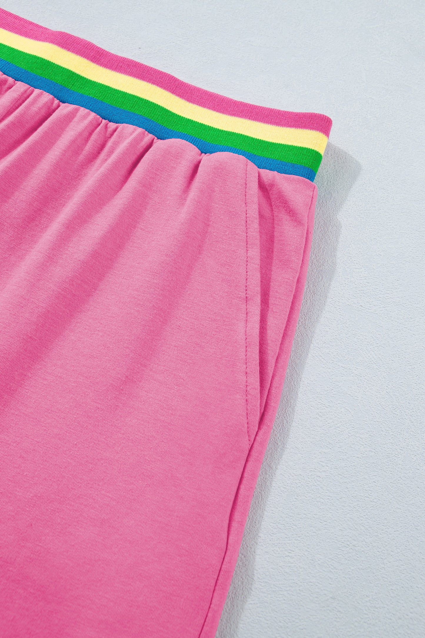 Bright Pink Seam Detail Raw Edge Tee Rainbow Waistband Casual Short Set