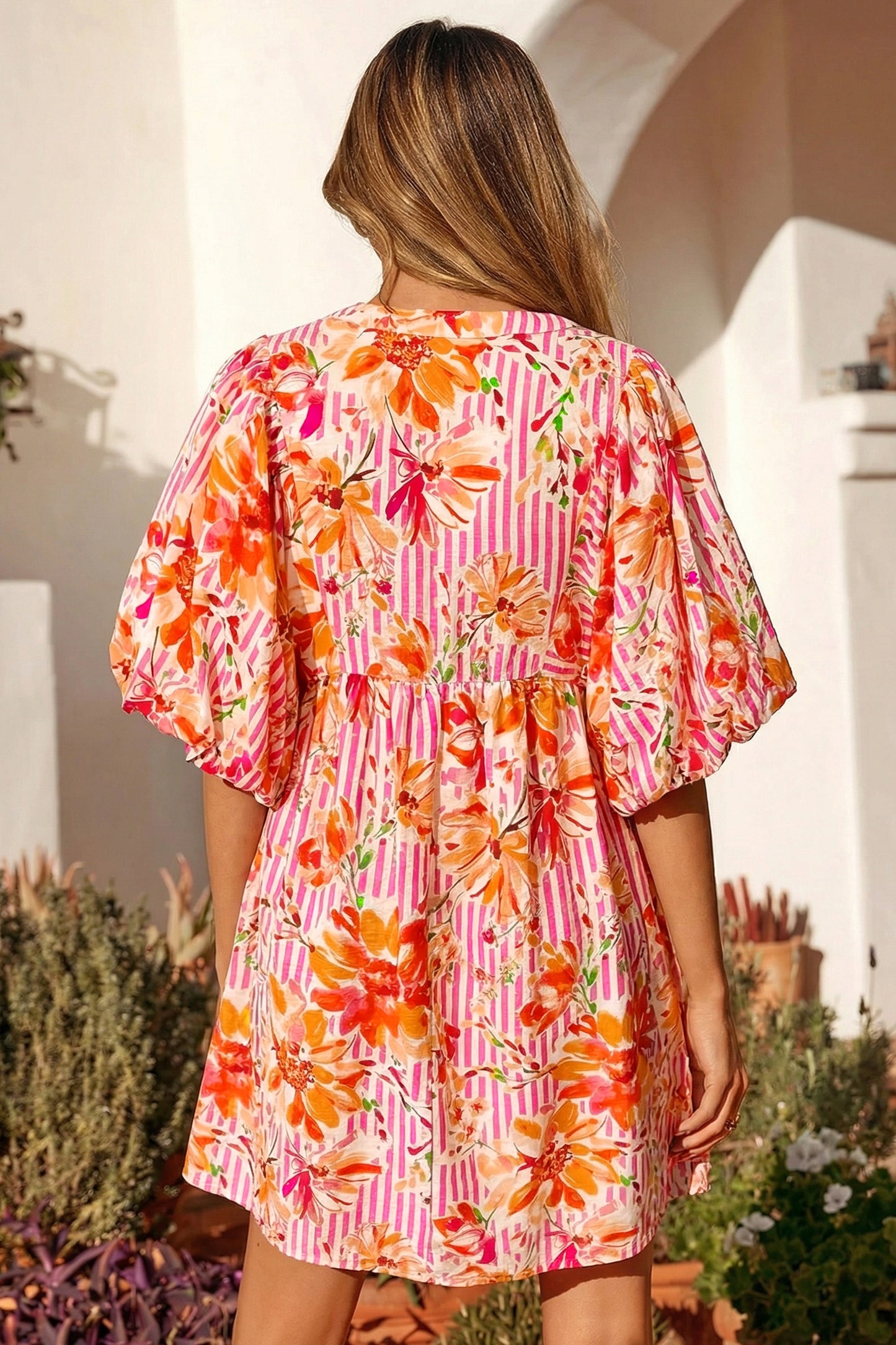Pink Striped Floral Print Tie Neck Puff Sleeve Loose Mini Dress