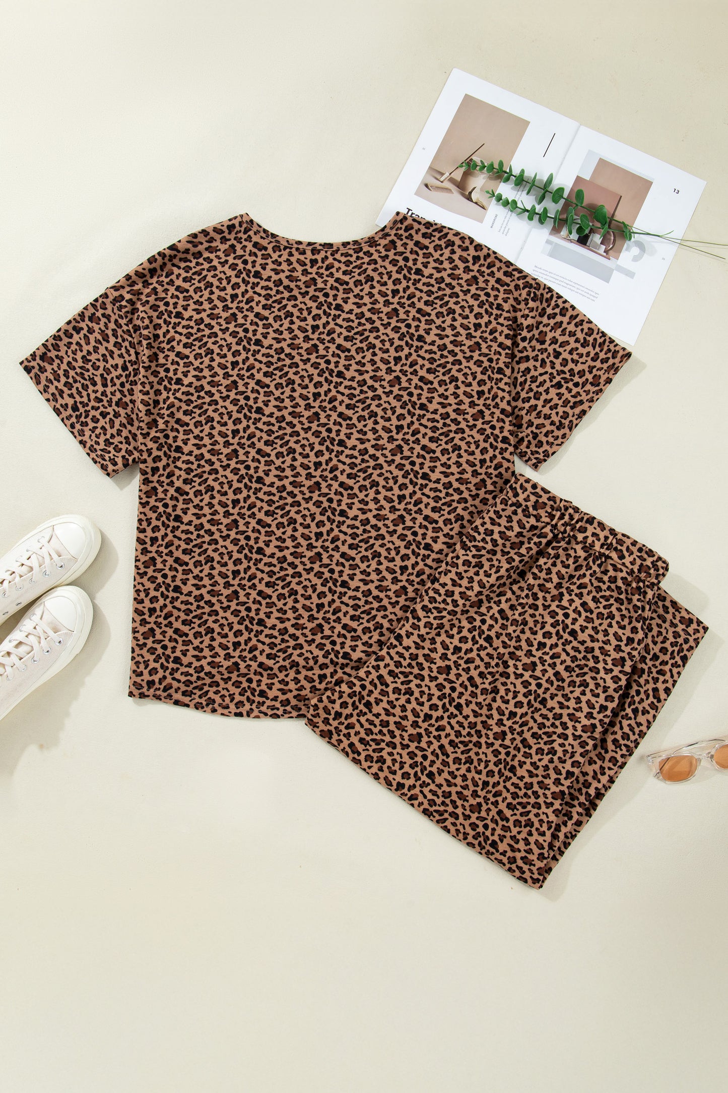 Brown Plus Size Leopard Loose Top Pleated Pants Set