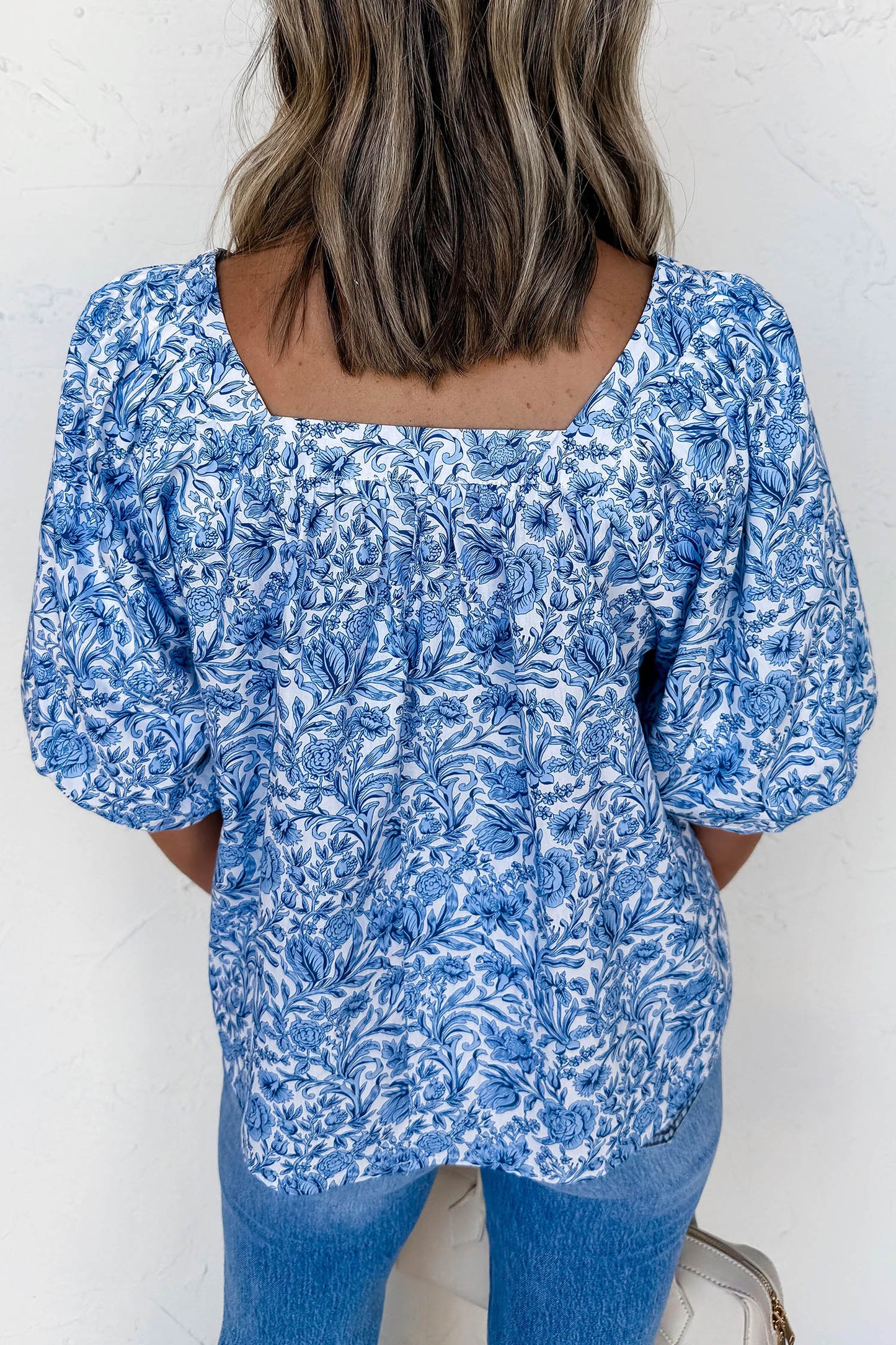 Sky Blue Square Neck Short Puff Sleeve Pleated Floral Blouse