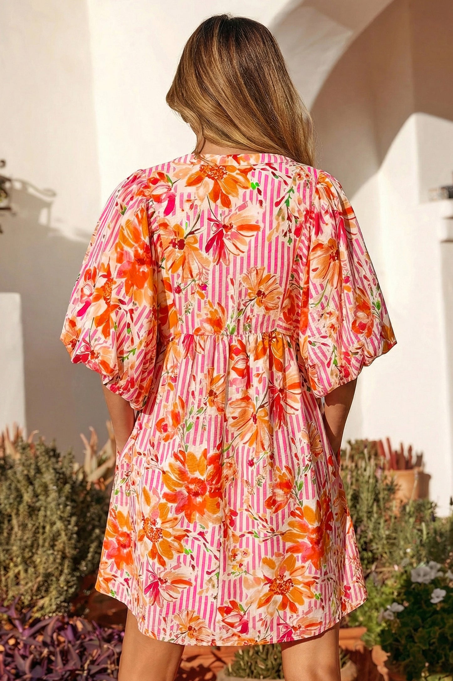 Pink Striped Floral Print Tie Neck Puff Sleeve Loose Mini Dress