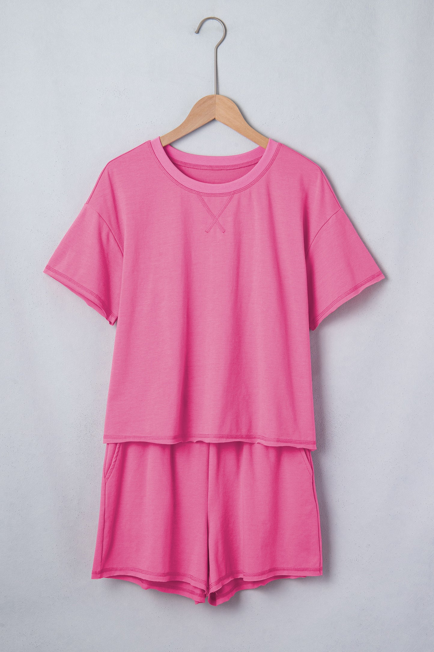 Bright Pink Seam Detail Raw Edge Tee Rainbow Waistband Casual Short Set