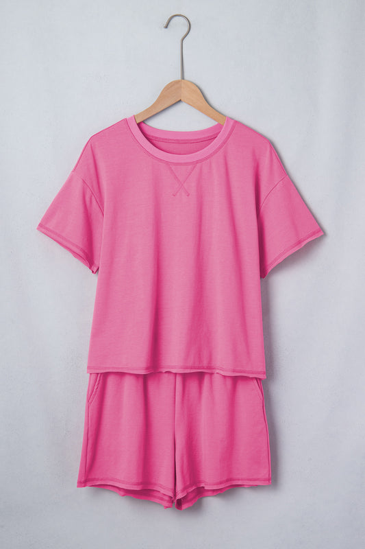 Bright Pink Seam Detail Raw Edge Tee Rainbow Waistband Casual Short Set