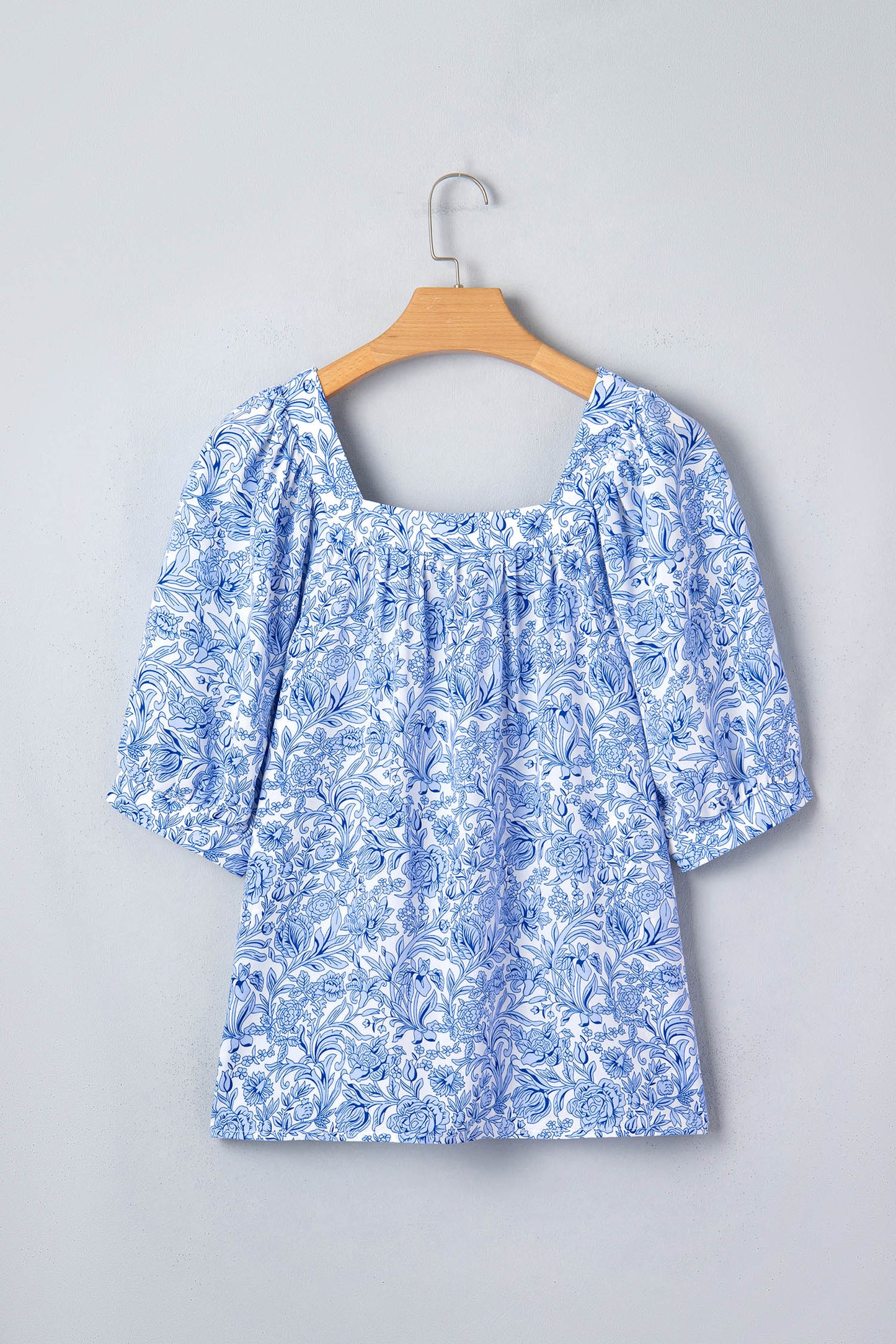 Sky Blue Square Neck Short Puff Sleeve Pleated Floral Blouse