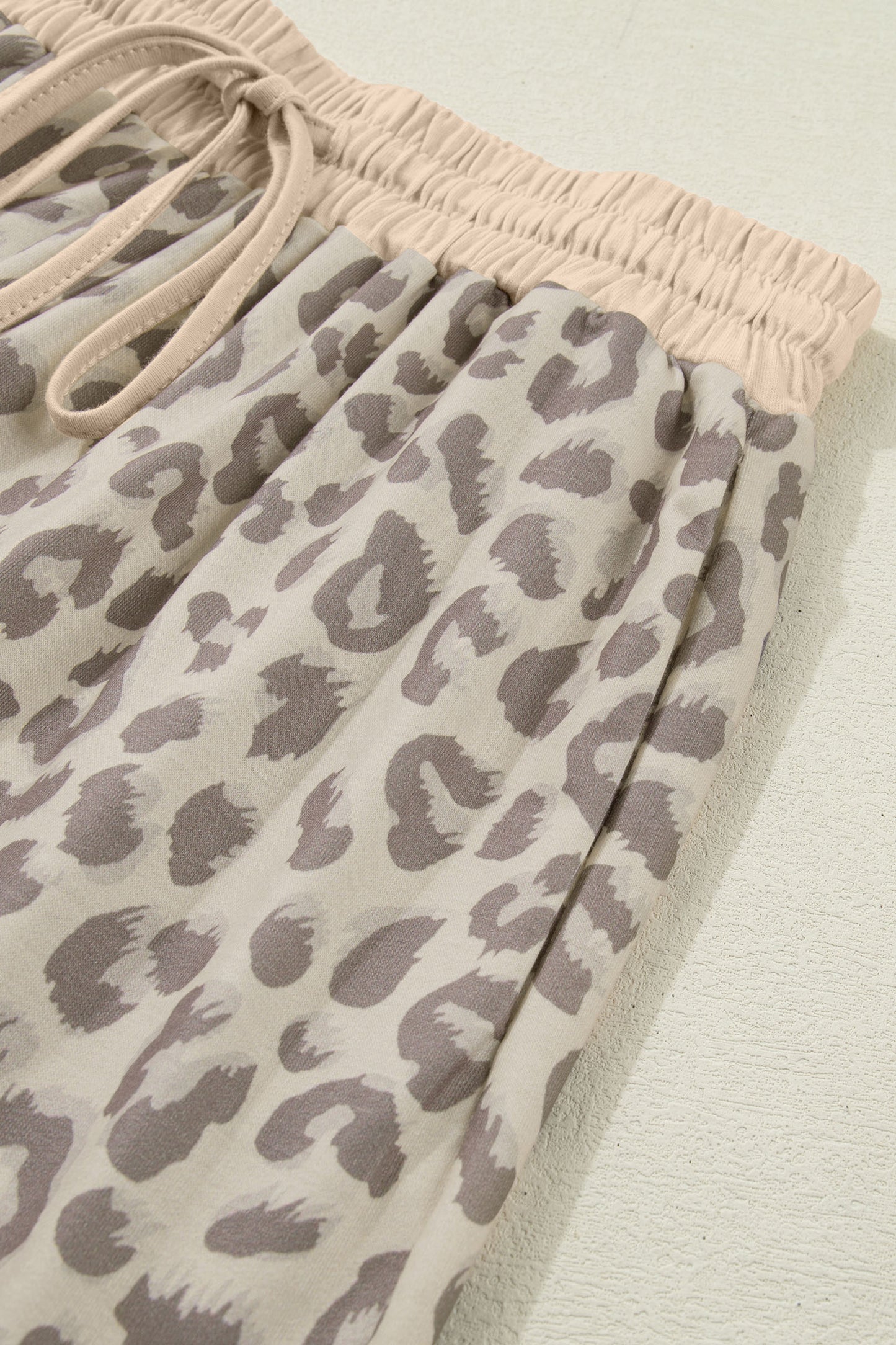 Khaki V Neck Collar Leopard Printed 2pcs Short Set