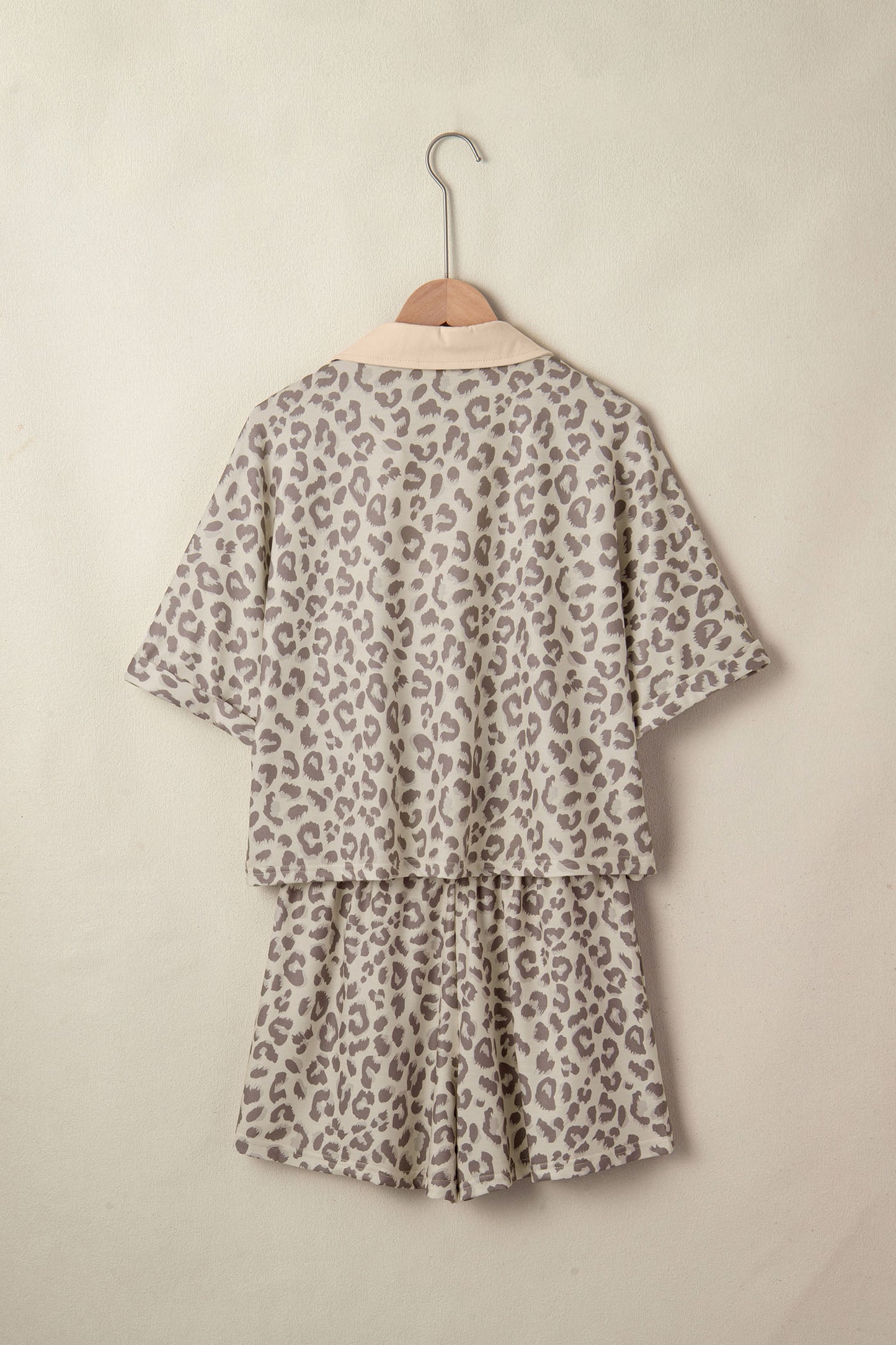 Khaki V Neck Collar Leopard Printed 2pcs Short Set
