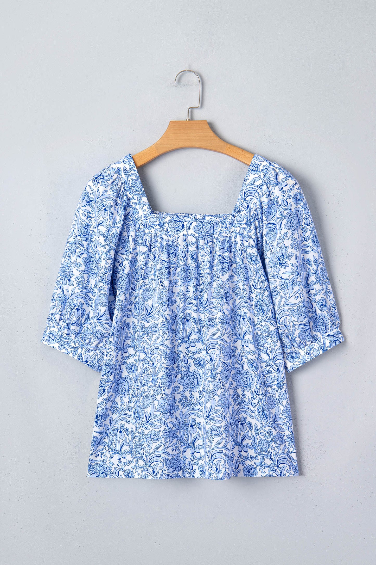 Sky Blue Square Neck Short Puff Sleeve Pleated Floral Blouse