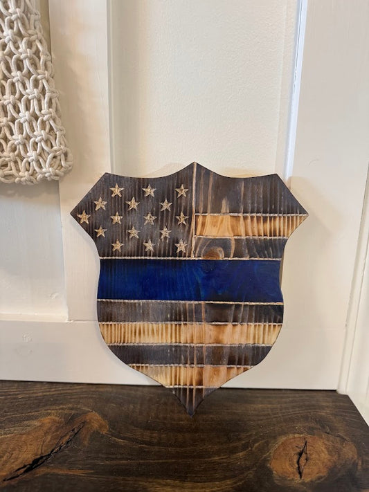 Police Shield Wooden Sign – Crafted in Police Flag Colors