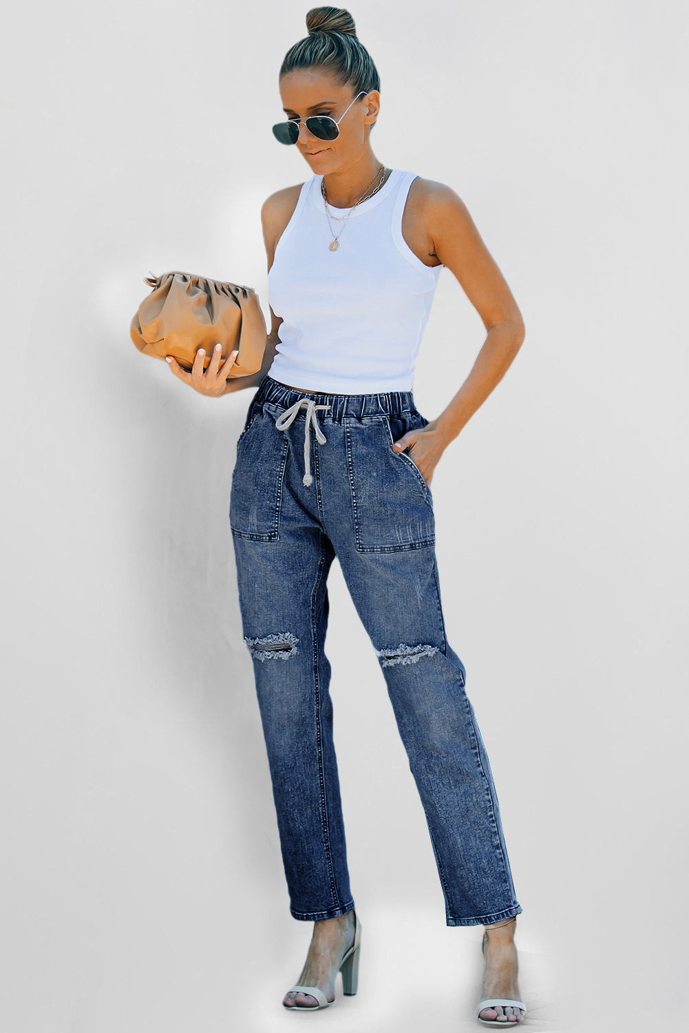 Dark Blue Gather Round Distressed Pocketed Denim Jogger