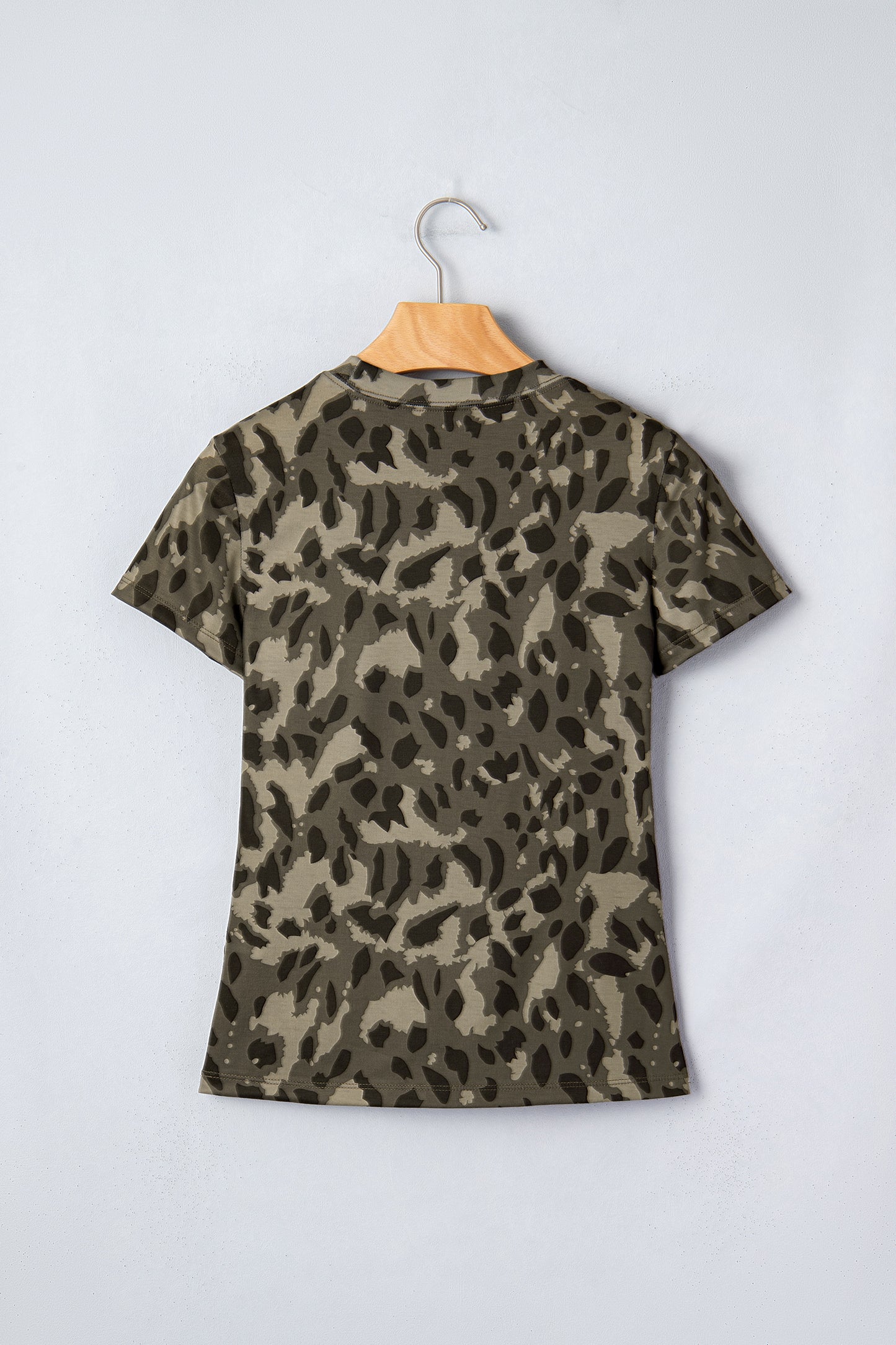 Brown Retro Leopard Print Mock Neck Slim Tee