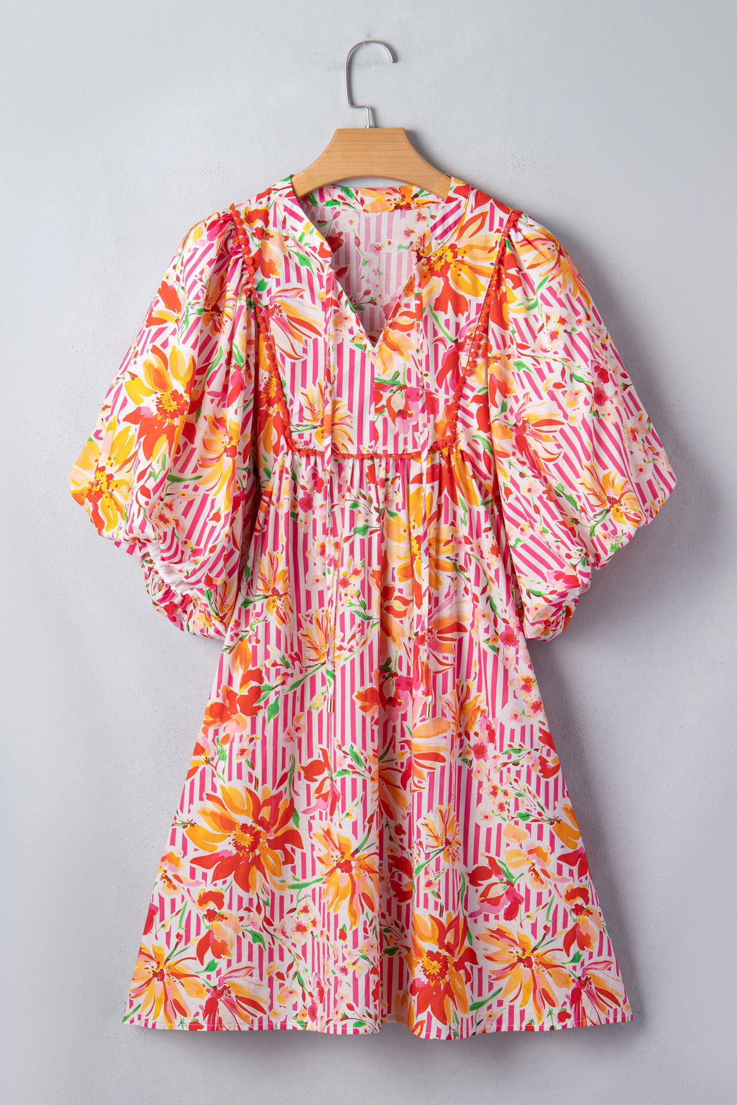 Pink Striped Floral Print Tie Neck Puff Sleeve Loose Mini Dress