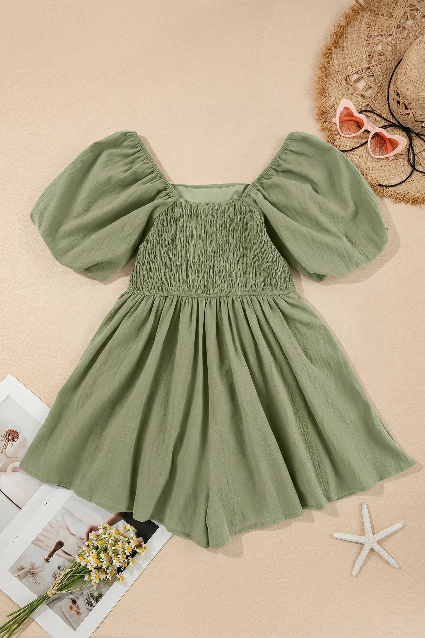 Jungle Green Square Neck Ruched Puff Sleeve Romper