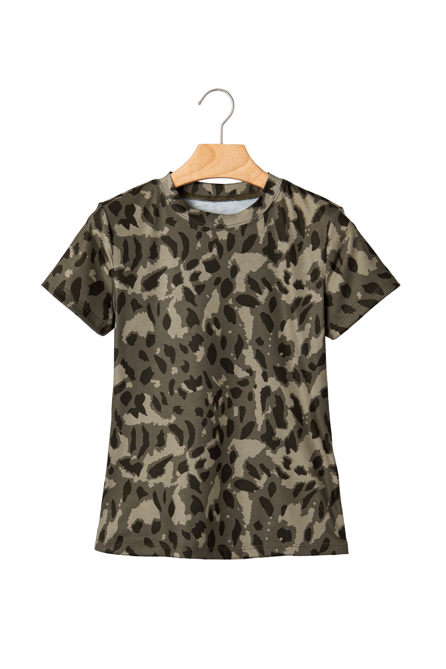 Brown Retro Leopard Print Mock Neck Slim Tee