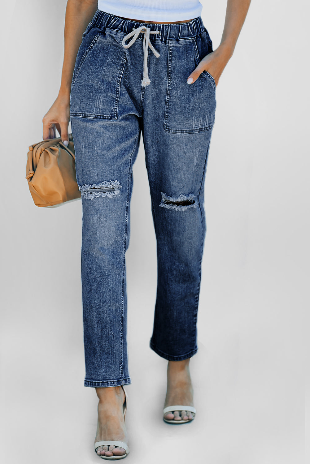 Dark Blue Gather Round Distressed Pocketed Denim Jogger