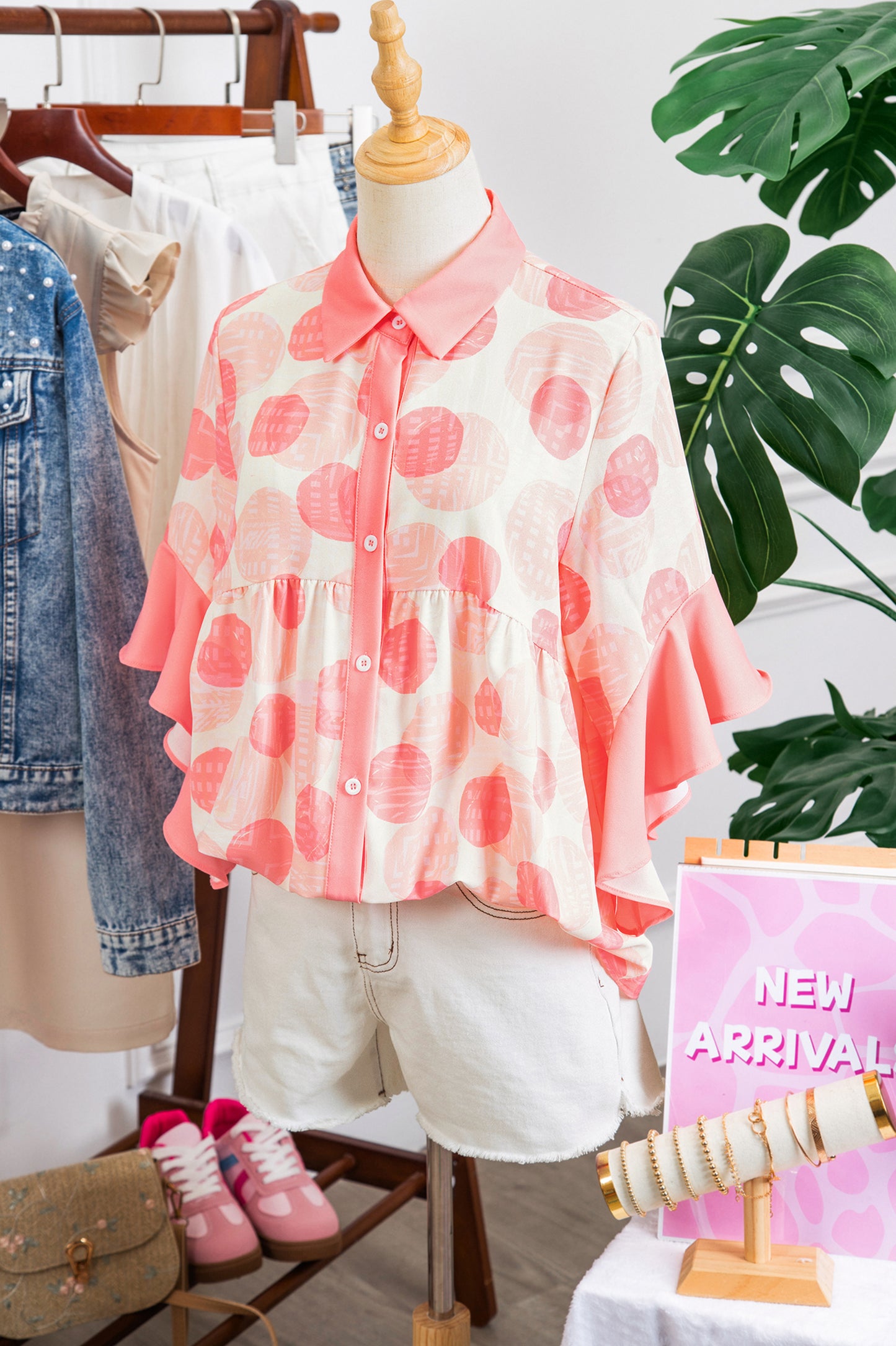 Pink Double Polka Dot Printed Ruffle Trim Short Sleeve Babydoll Shirt