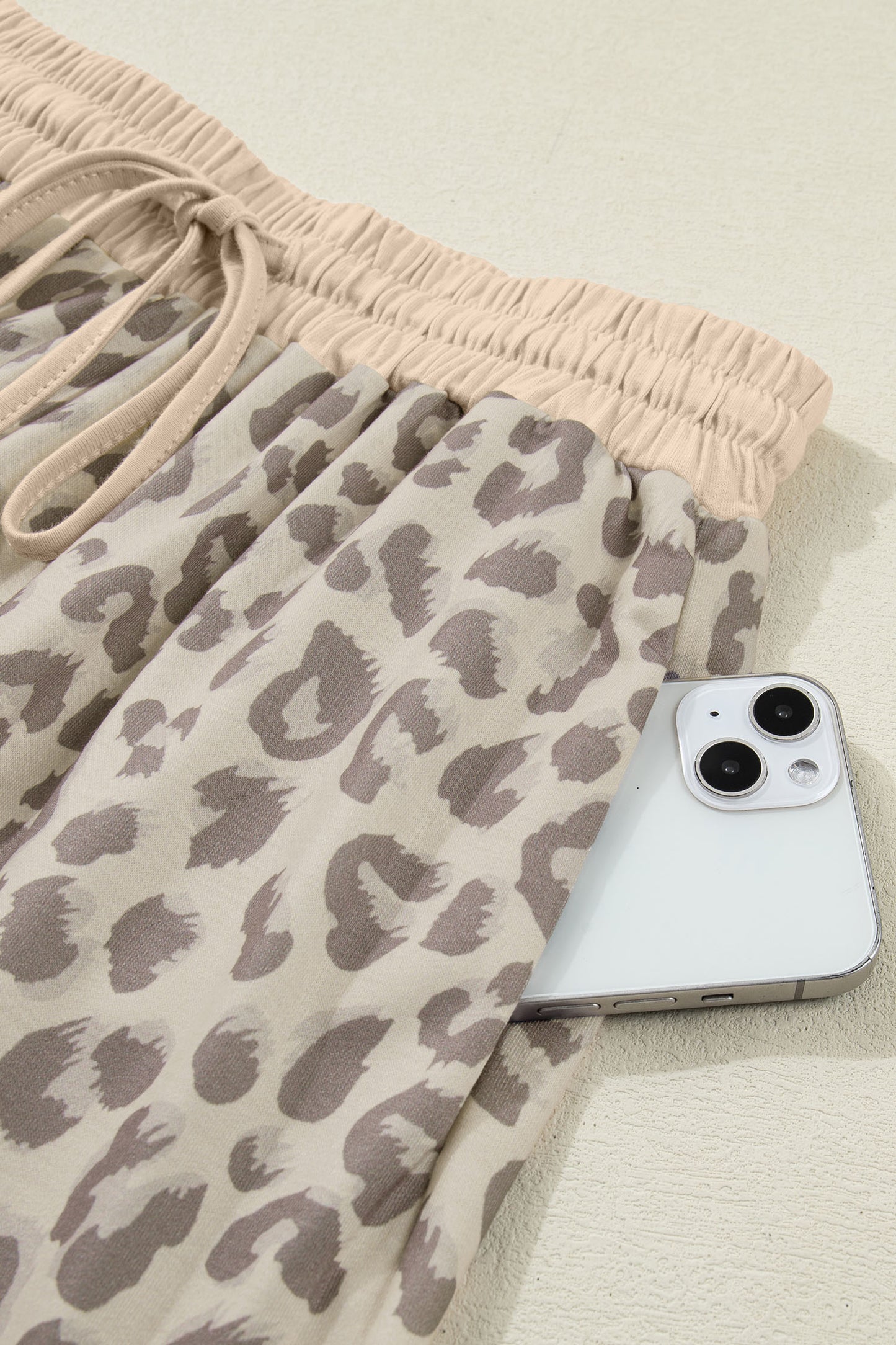 Khaki V Neck Collar Leopard Printed 2pcs Short Set