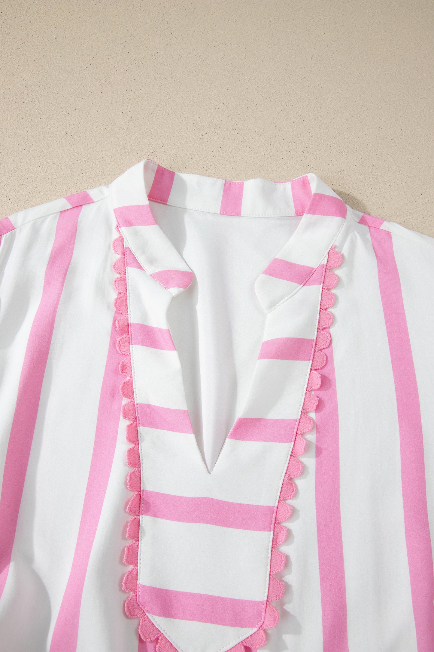 Pink Stripe Plus Size V Neck Short Puff Sleeve Tiered Maxi Dress