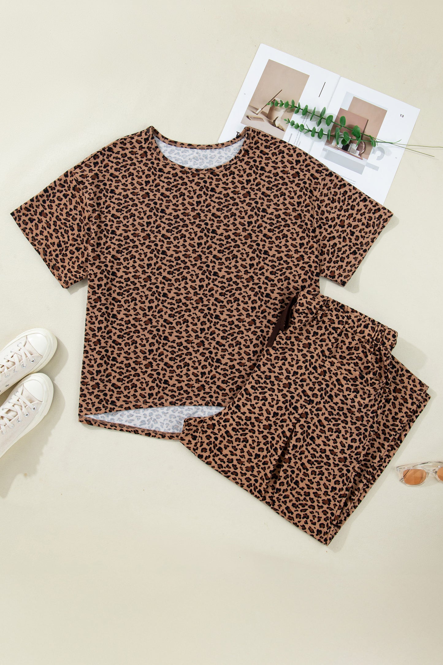 Brown Plus Size Leopard Loose Top Pleated Pants Set