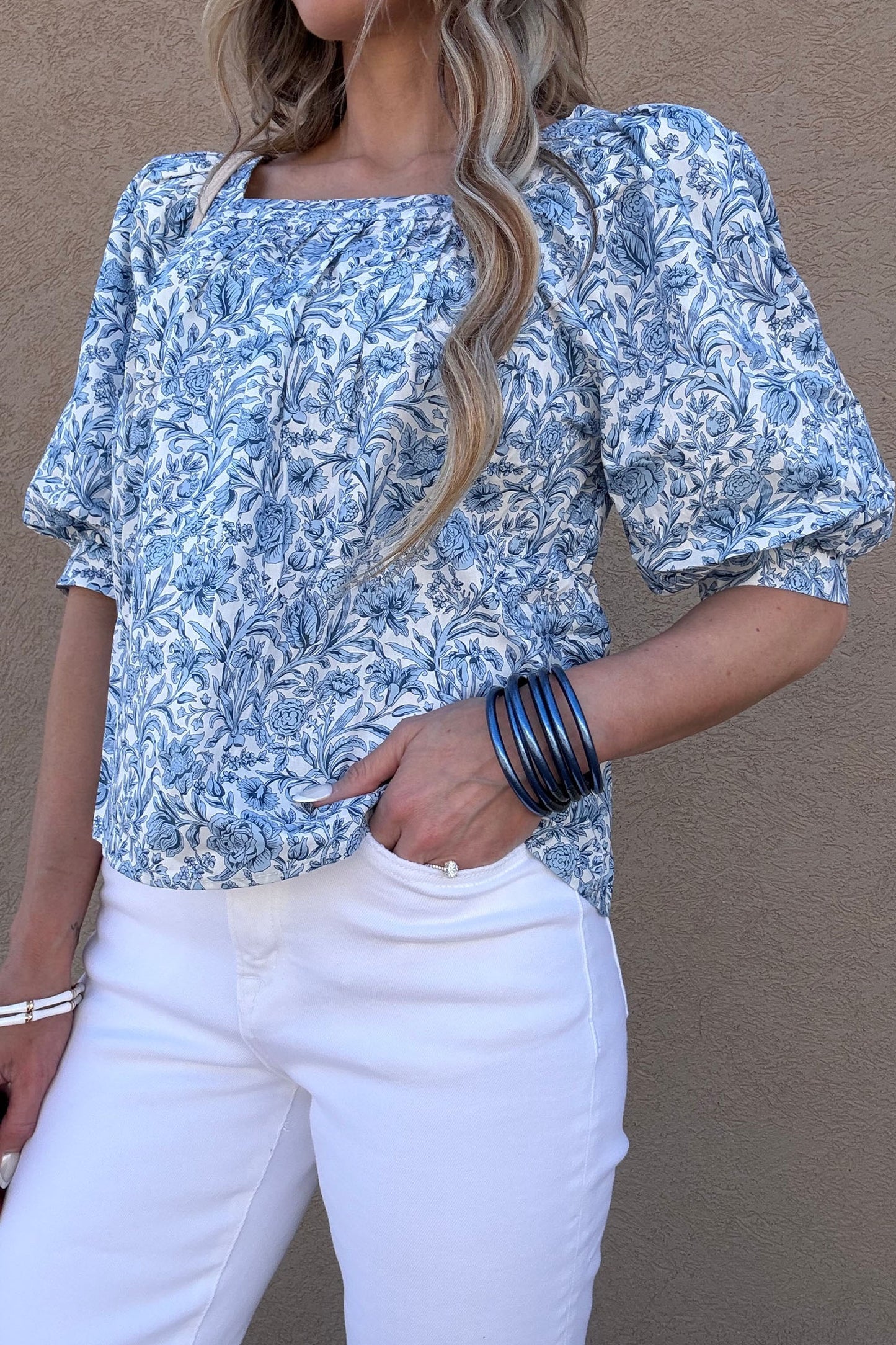Sky Blue Square Neck Short Puff Sleeve Pleated Floral Blouse