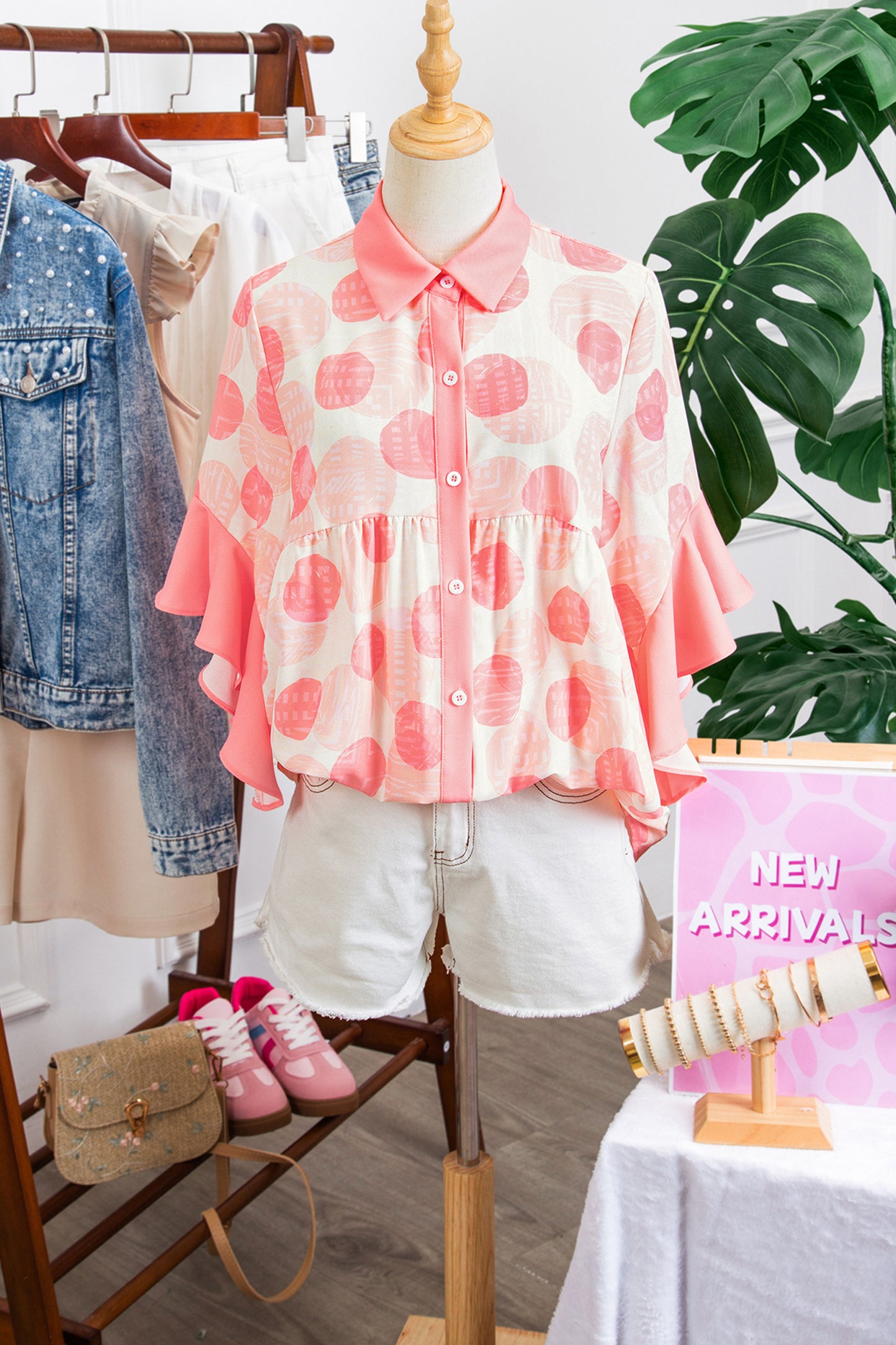 Pink Double Polka Dot Printed Ruffle Trim Short Sleeve Babydoll Shirt