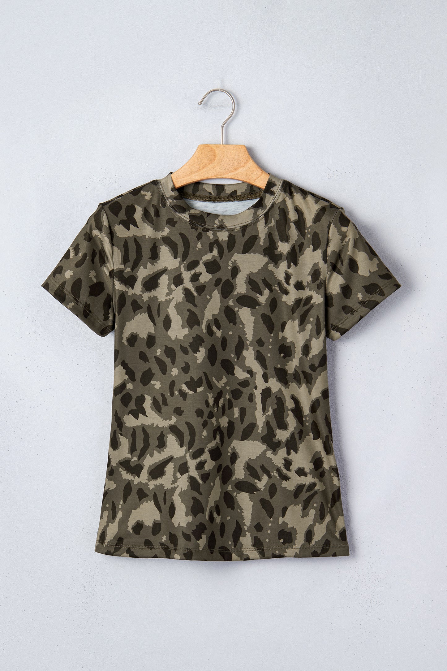 Brown Retro Leopard Print Mock Neck Slim Tee
