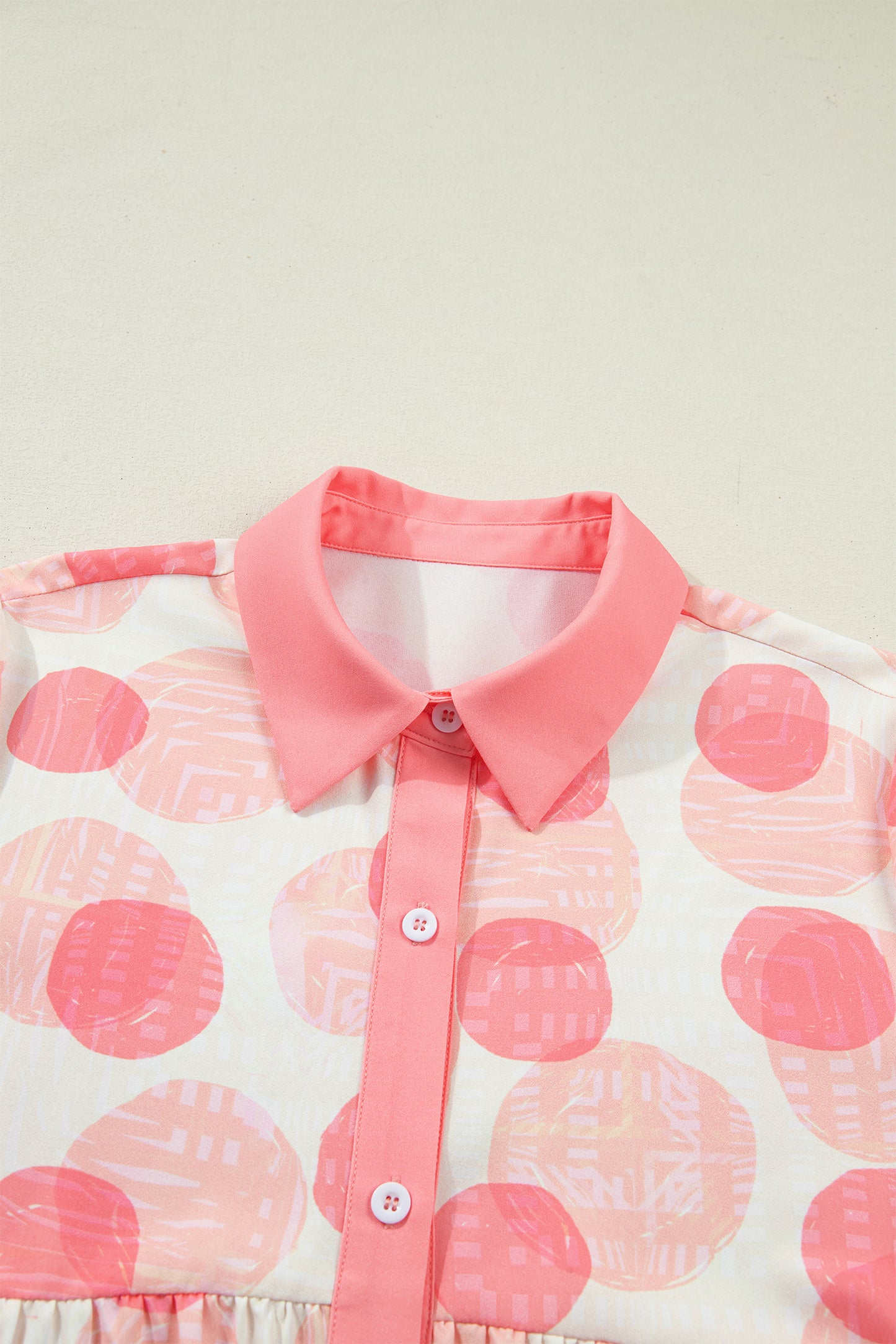 Pink Double Polka Dot Printed Ruffle Trim Short Sleeve Babydoll Shirt