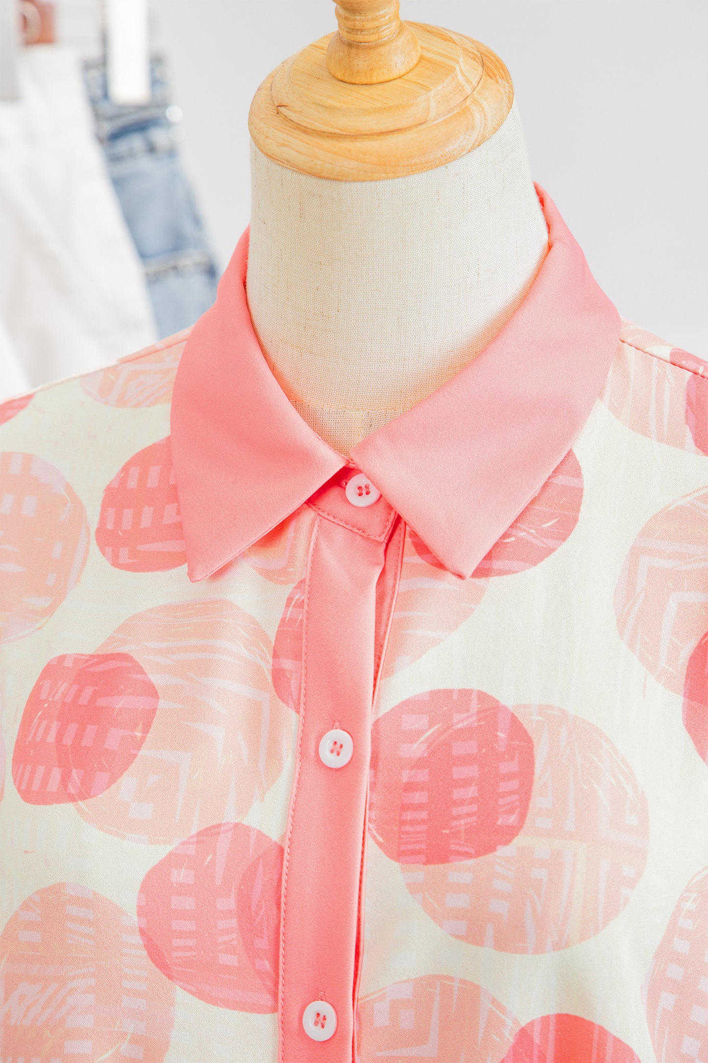 Pink Double Polka Dot Printed Ruffle Trim Short Sleeve Babydoll Shirt